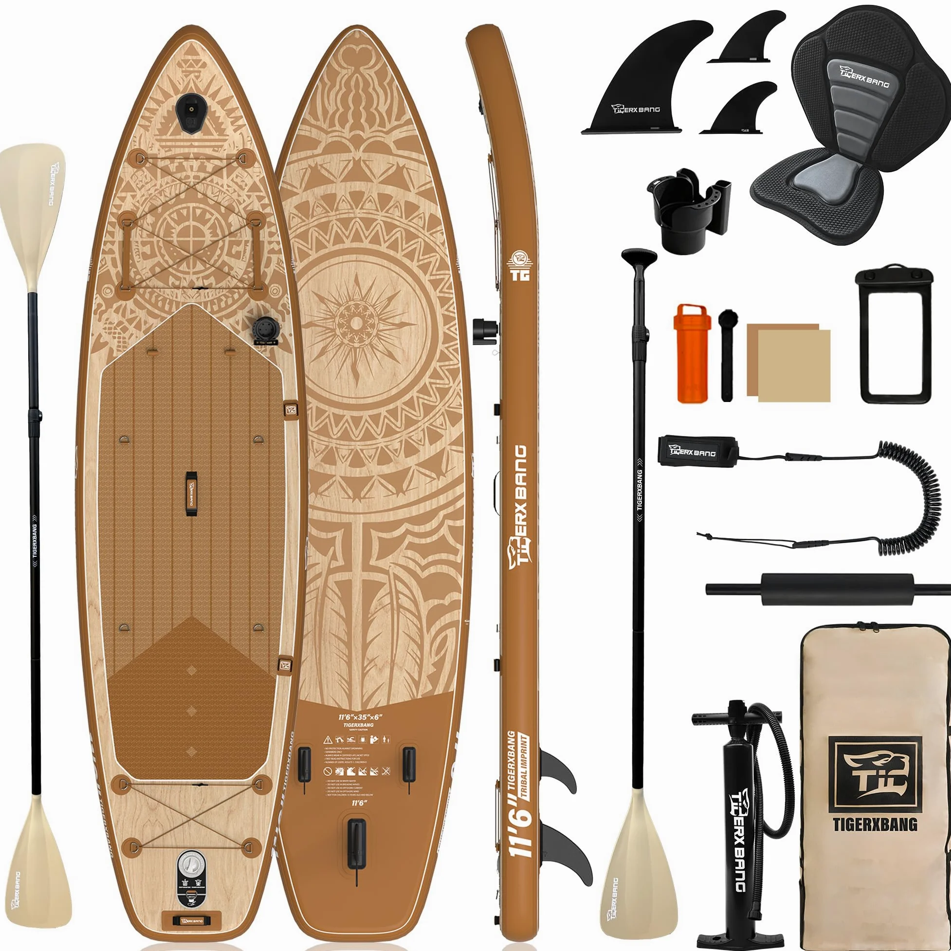 TIGERXBANG Tabla Paddle Surf Hinchable 353 x 89 x 15 cm, Sup Extra Ancha con Gran Estabilidad, Serie Tribal Imprint, para Adultos, Familias y Principiantes, con Accesorios Incluidos