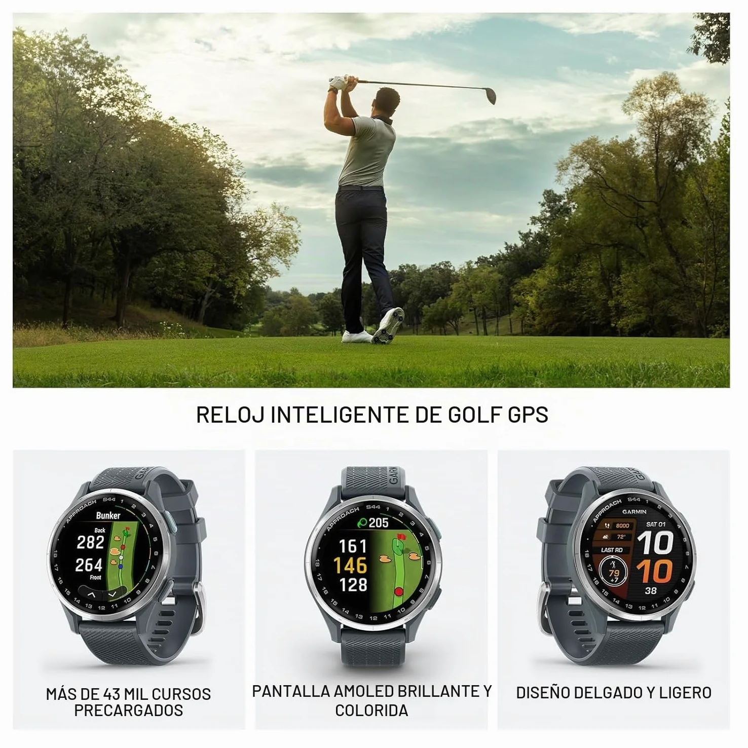 Garmin Approach S44 Essential - Reloj de golf con GPS, pantalla AMOLED, características en el campo, reloj inteligente deportivo y fitness, bisel de aluminio plateado con correa de silicona negra