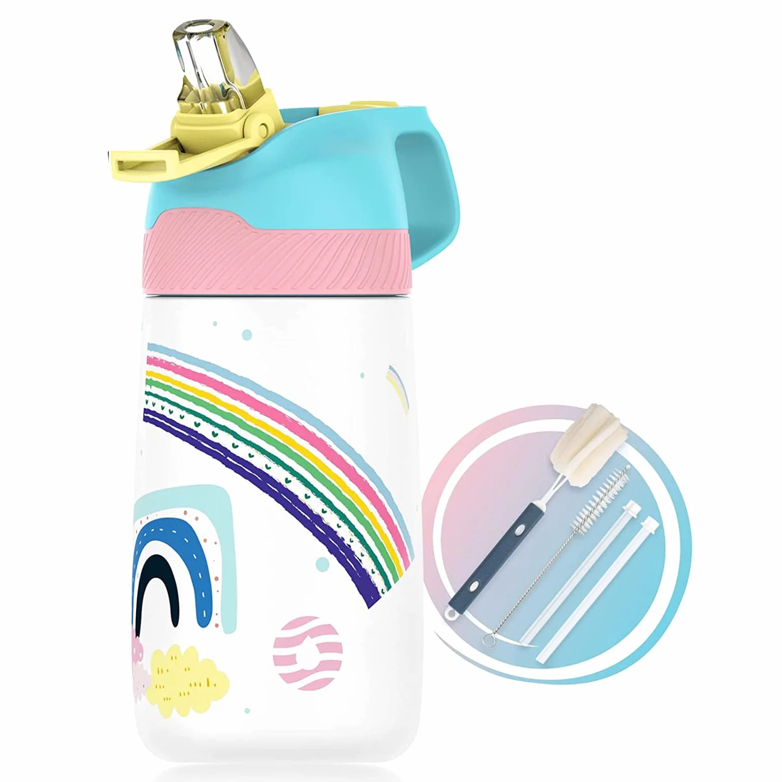 Fjbottle Niños 350ml Botella de Agua Acero Inoxidable con Pajita, Sin Fugas, sin bpa botella termica Reutilizable
