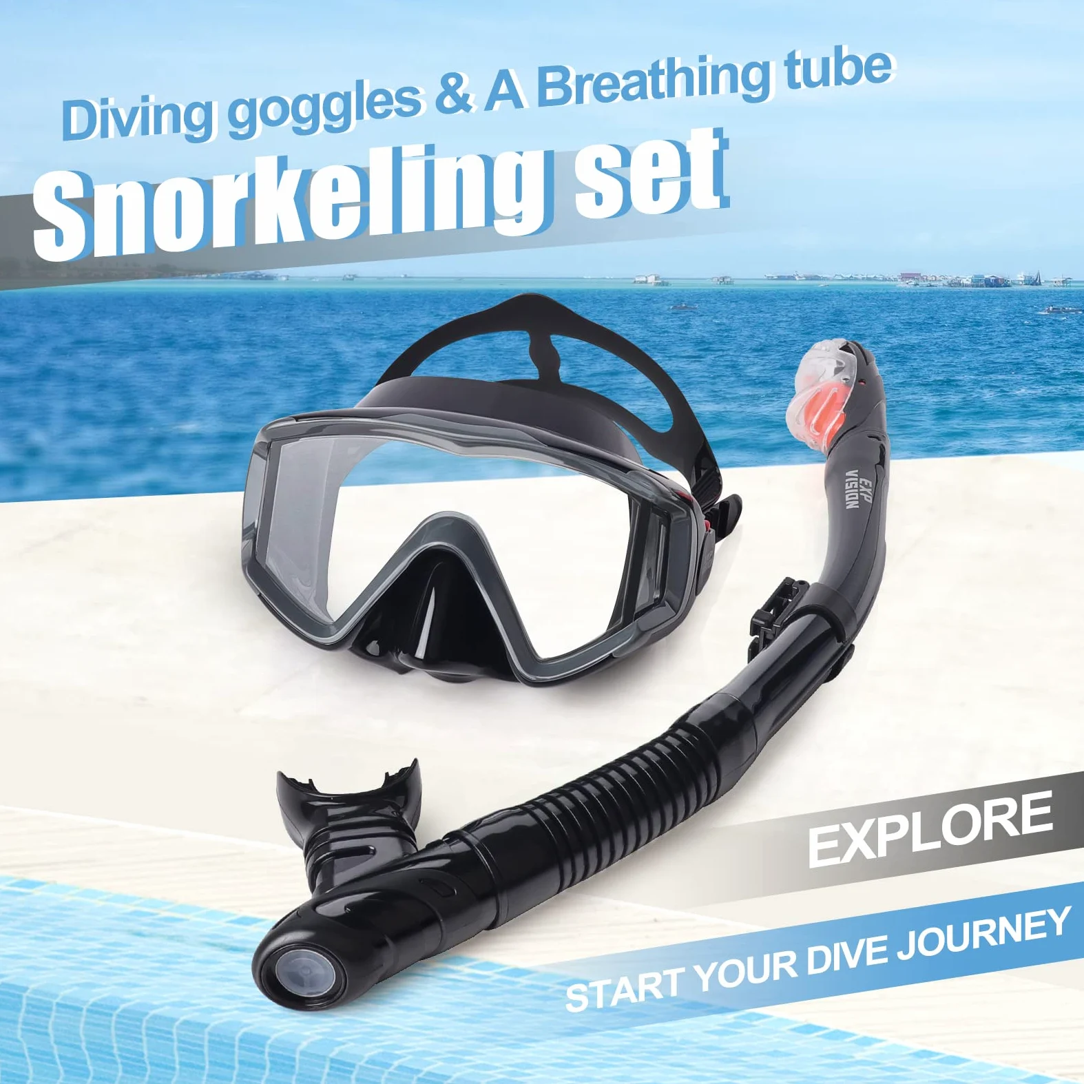 Pano - Juego de esnórquel de 3 ventanas para adultos, gafas de esnórquel profesionales, máscara de buceo antivaho, gafas de natación antifugas y esnórquel de parte superior seca para buceo, esnórquel