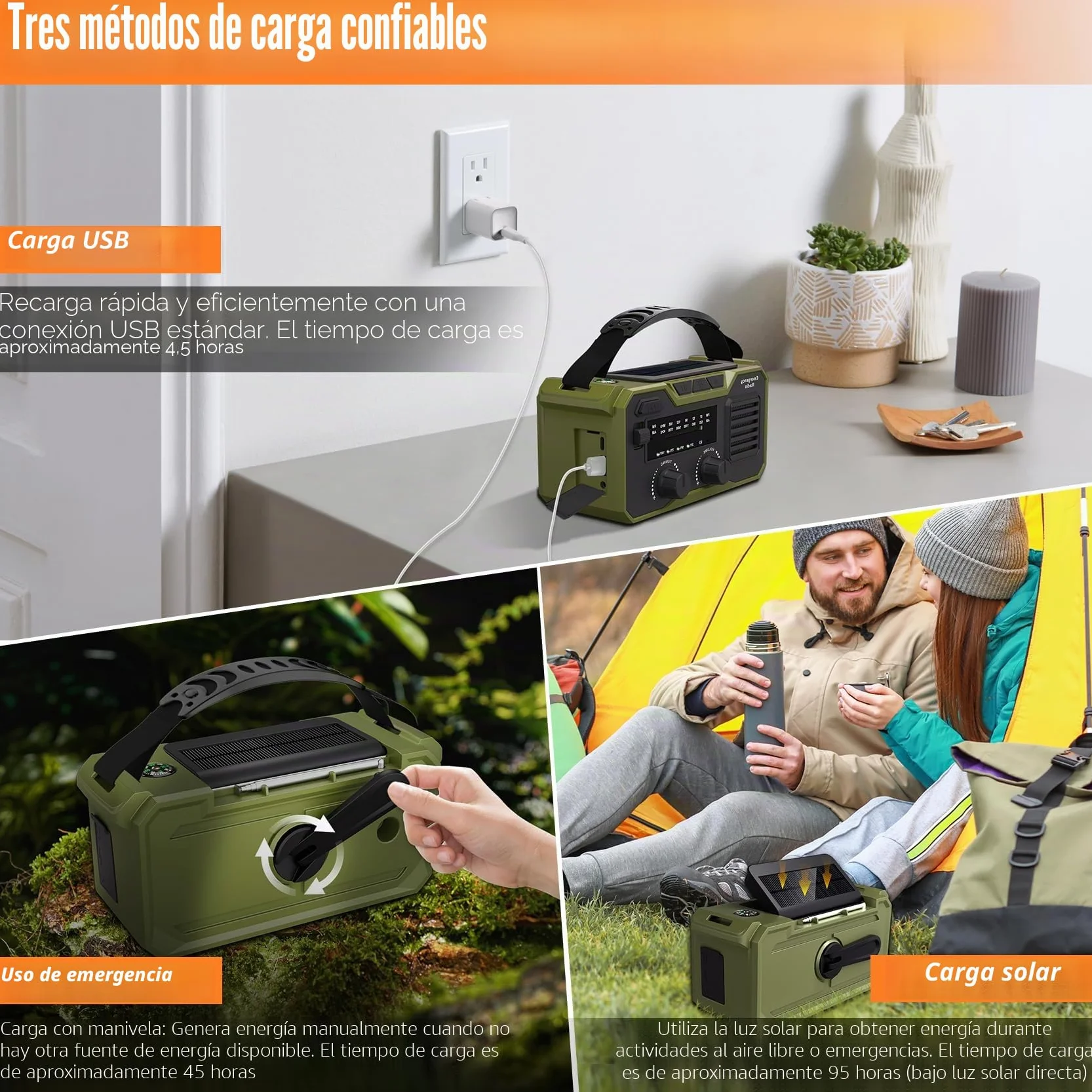 Radio Solar de Emergencia 27000 mAh FM/AM con Alarma SOS y Lámpara, Carga Móvil y Bluetooth (Verde)