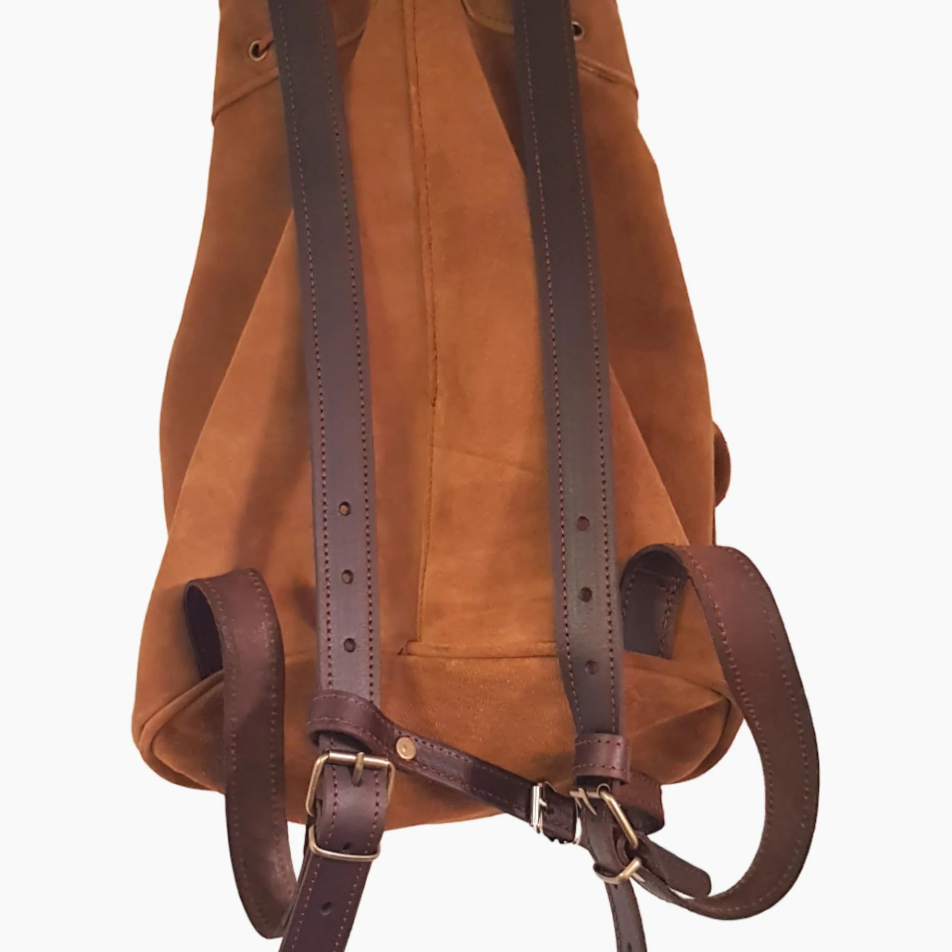 Mochila de caza en serraje y piel, con dos bolsillos frontales
