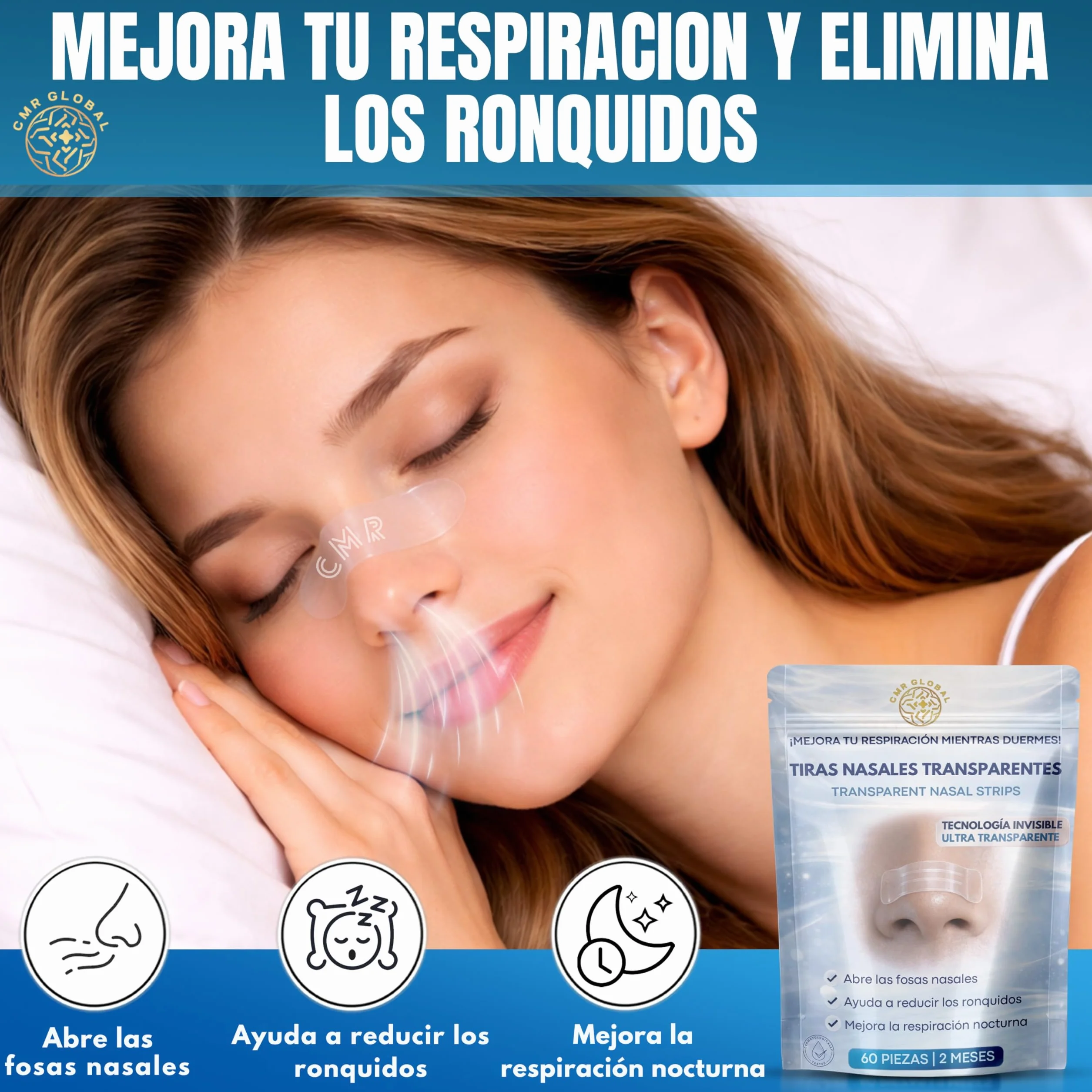 Tiras Nasales Deportivas Premium 60 Unidades Antironquidos Transparentes