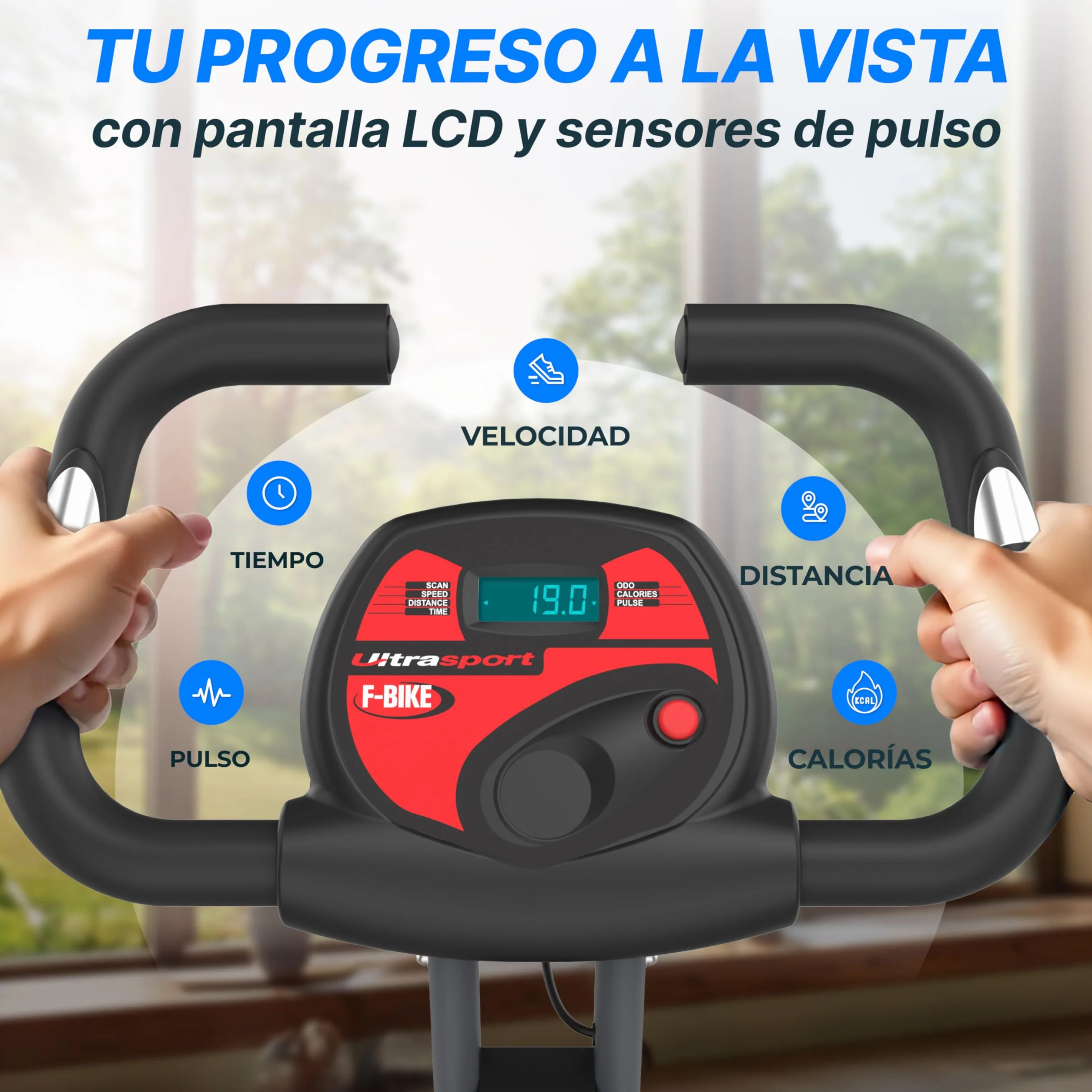 Ultrasport F-Bike, Entrenador Bicicleta, entrena casa, bicicleta aptitud plegable, computadora entrenamie integrada, sensores pulso mano, plegable, 8 niveles resistencia, ideal para mayores y jóvenes