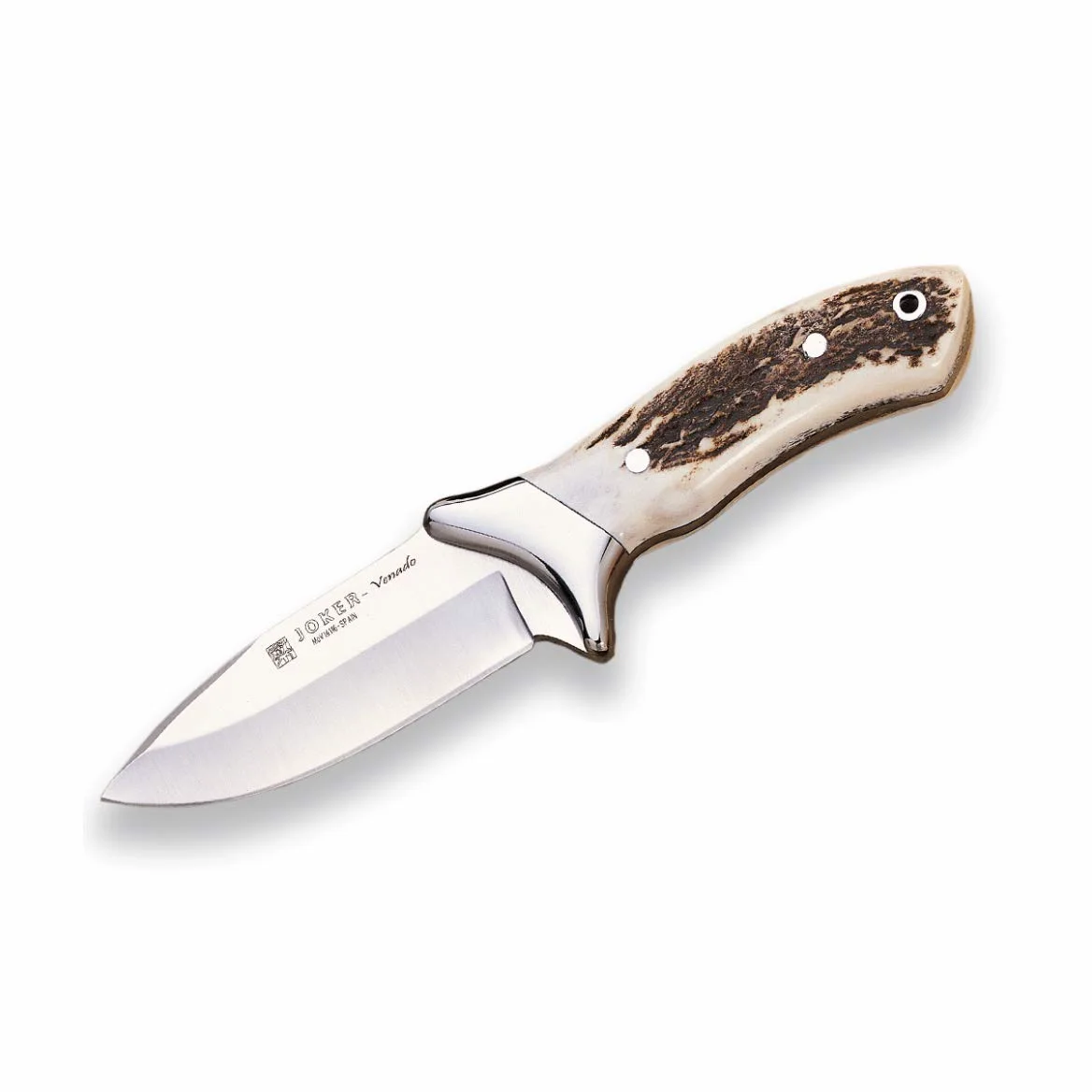 Joker Cuchillo de Caza Venado CC06 con virola, cachas en asta de Ciervo y Hoja MOVA de 11 cm, 260 Gramos, Herramienta de Pesca, Caza, Camping y Senderismo