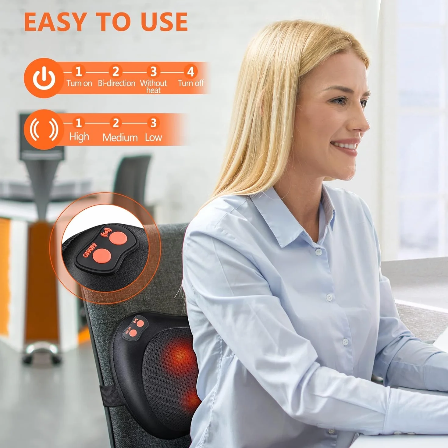 Almohada de Masaje Ergonómico 8 Cabezas Bidireccionales 3 Velocidades Ajustables Calor Suave