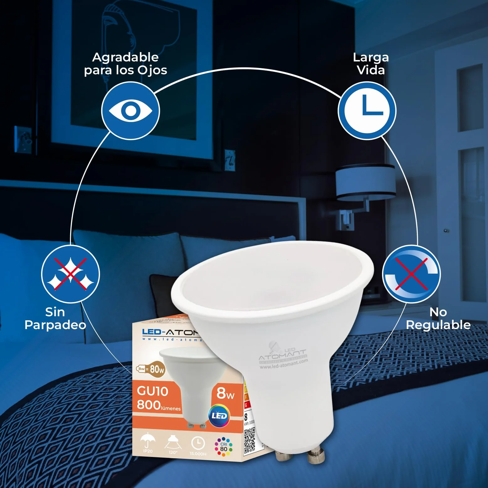 LED ATOMANT Pack 20 Bombilla GU10 8W Blanco Frio 6500K 800 Lumenes