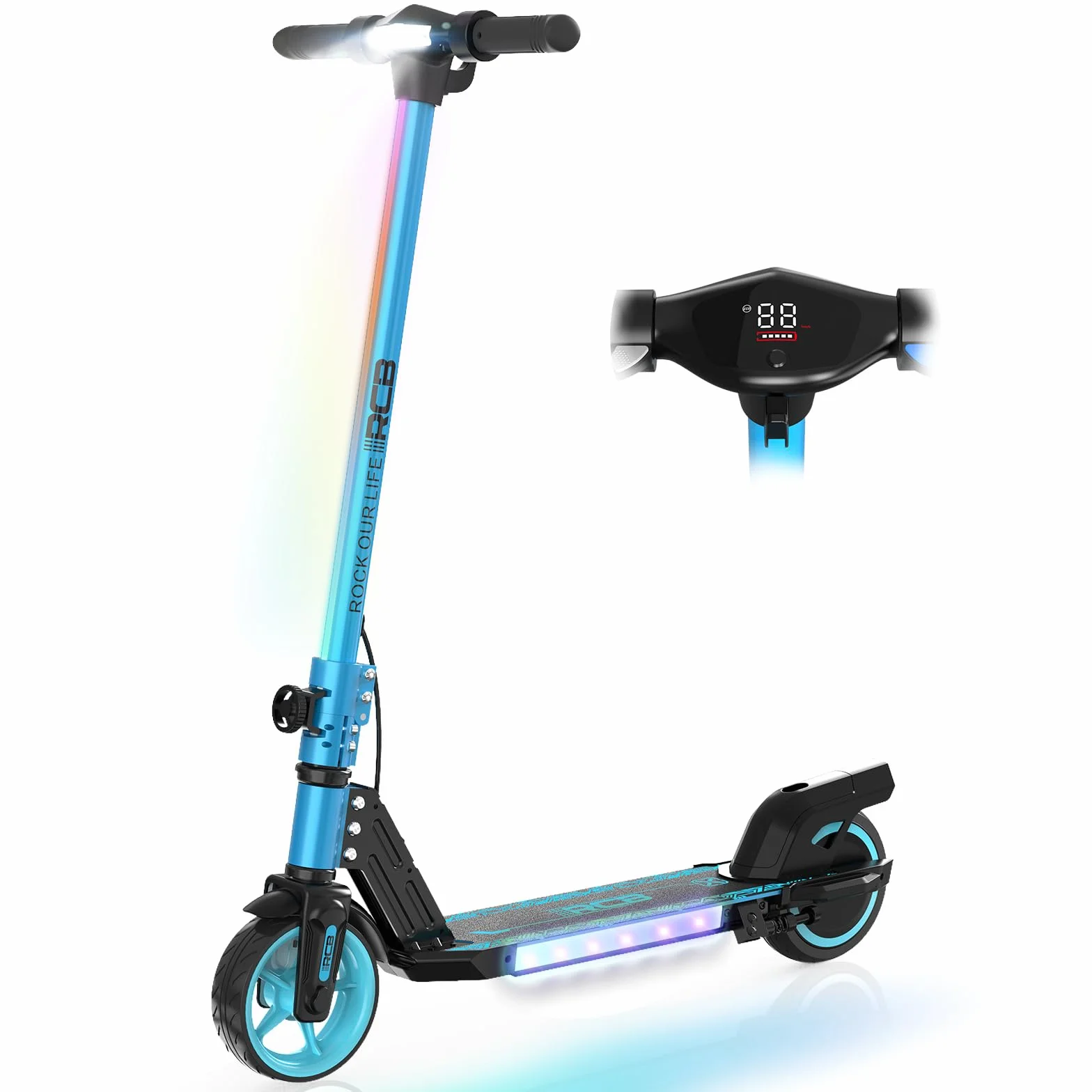 RCB R12 Patinete Eléctrico Niños para 6-12 años, hasta 15 km/h y 10 km, 6.5" Plegable Patinete Eléctrico,Luces de Arco Iris, Dos Tipos Frenos, Pantalla LED, Regalos para Niños