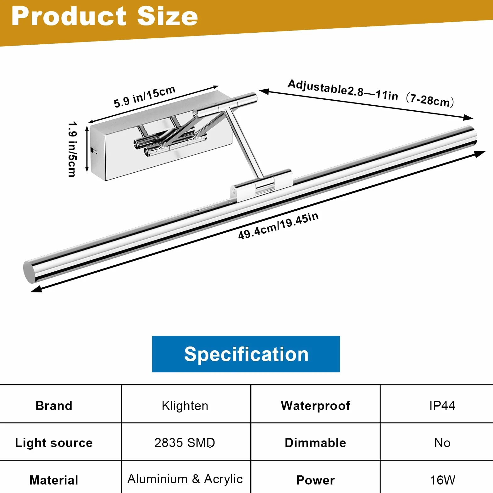 Klighten LED Lámpara de Espejo 50cm 16W 1200LM IP44 5500K Chrome Giratoria para Baño