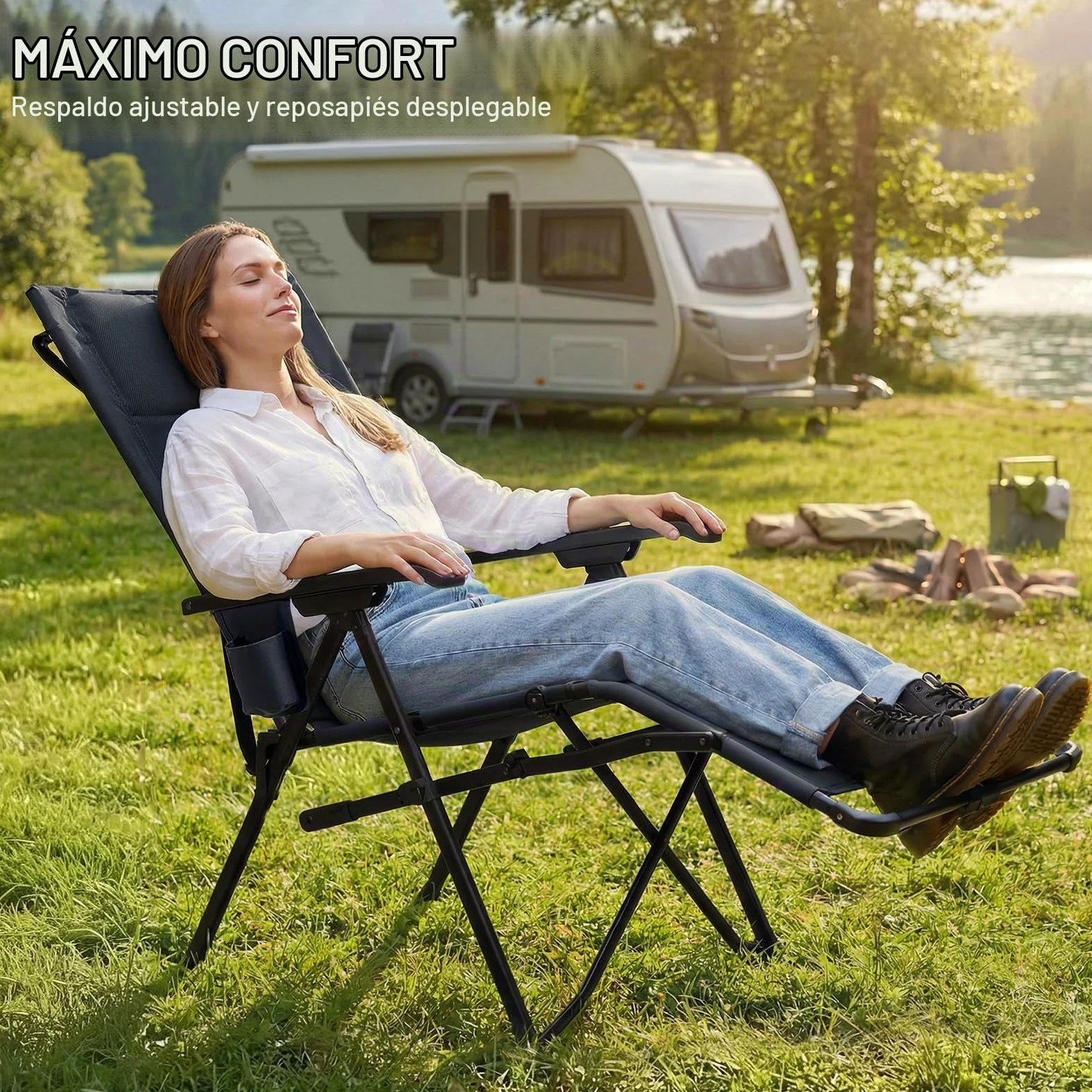 TIMBER RIDGE Silla de camping plegable en 4 posiciones, respaldo ajustable con reposapiés, asiento acolchado plegable, 150 kg, tumbona de jardín para camping, jardín, balcón, autocaravana