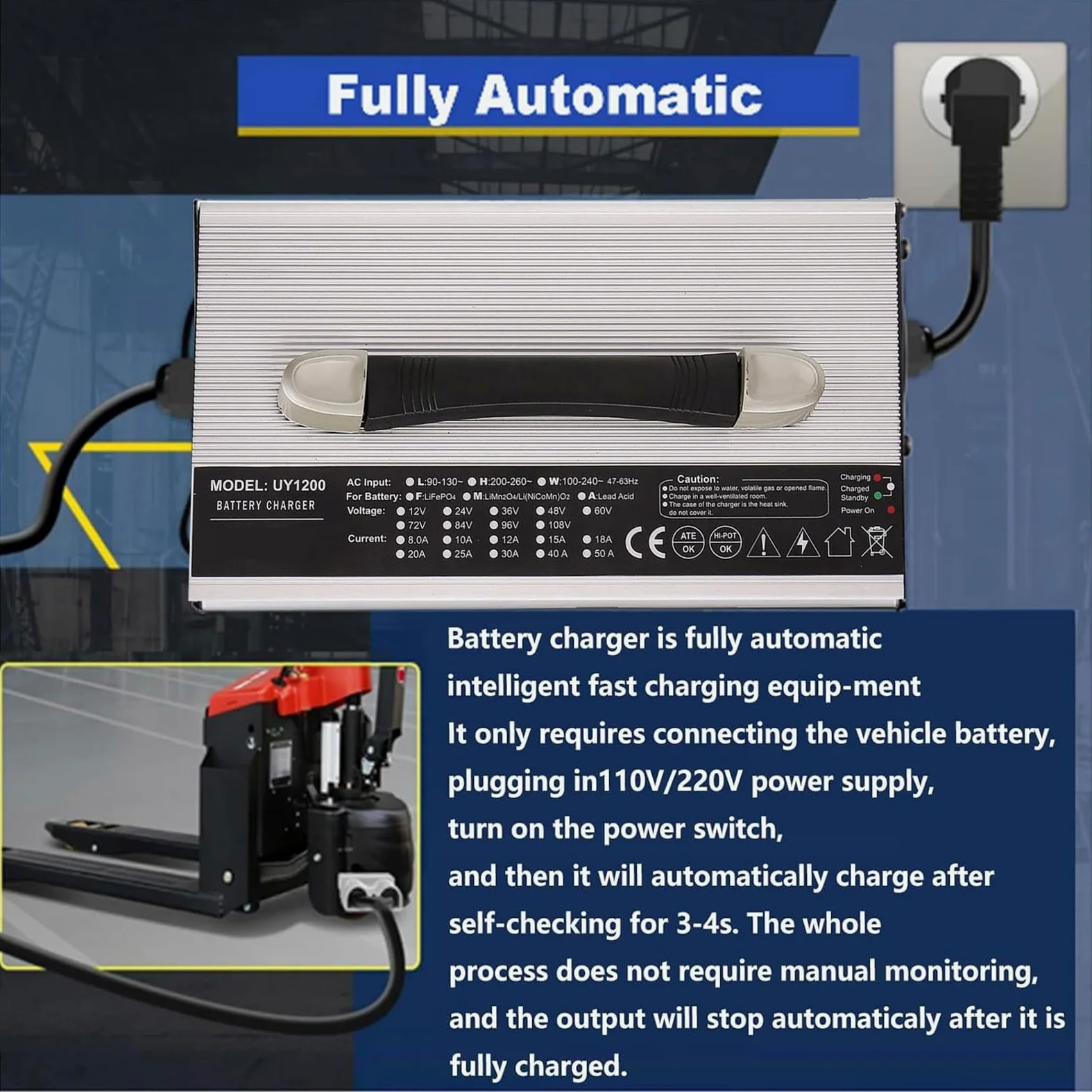 Cargador de batería de 12 V/24 V/36 V/48 V/60 V/72 V Cargador de montacargas eléctrico de 1200 W con Conector Anderson de 120 A/175 A/350 A