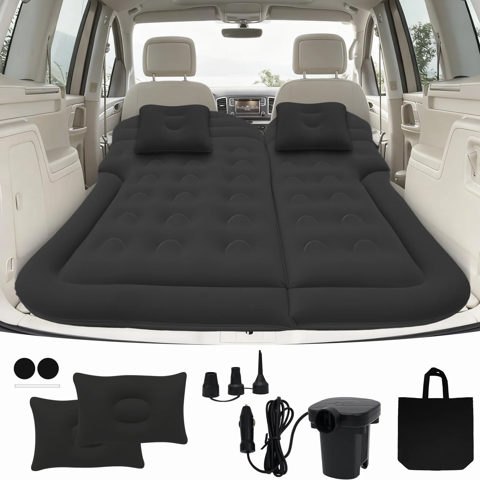 Colchón para Coche Hinchable Impermeable SUV con Bomba de Aire 12V y 3 Adaptadores Negro