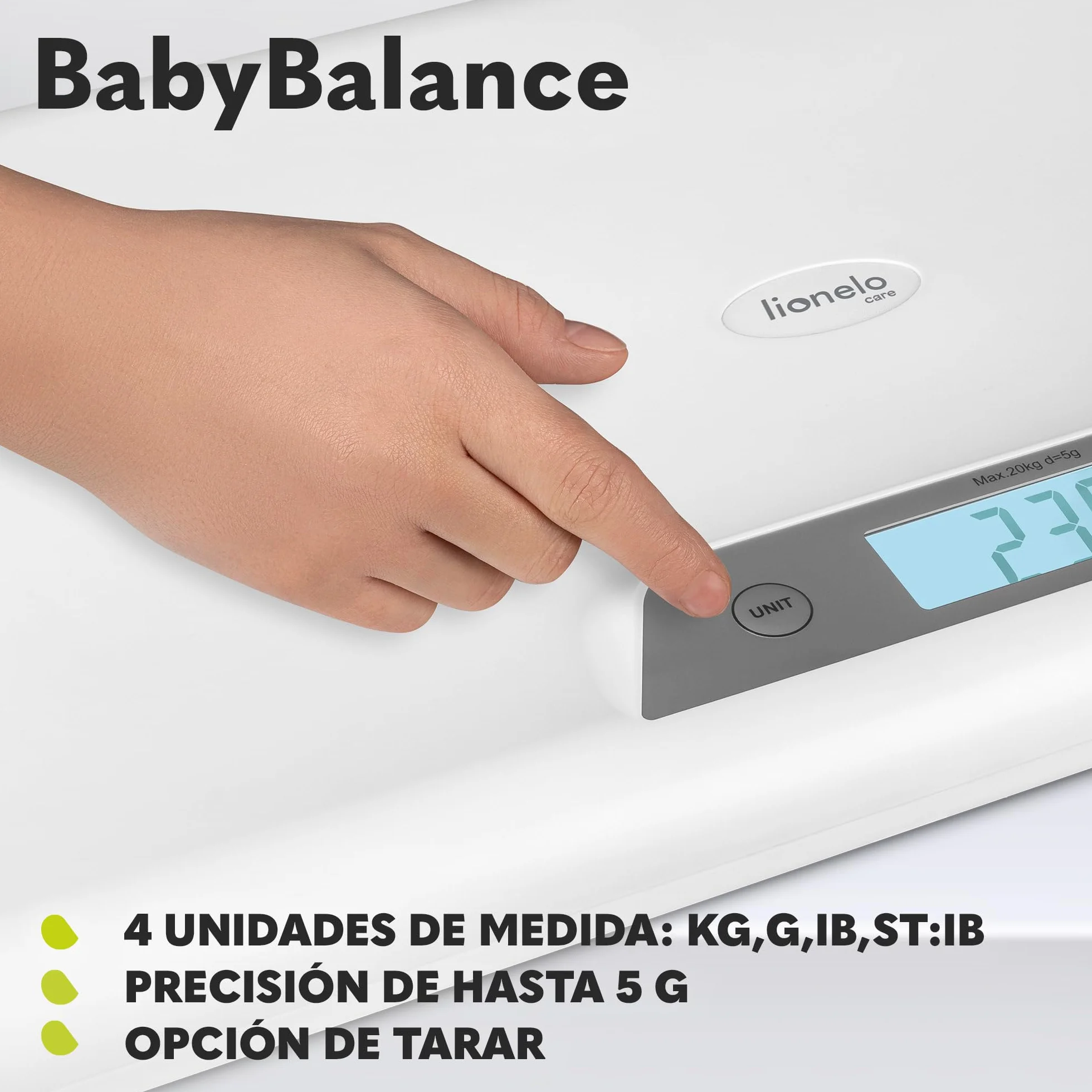 LIONELO BABYBALANCE Báscula electrónica para bebés hasta 20 kg, pantalla grande, pesaje preciso en 5 g