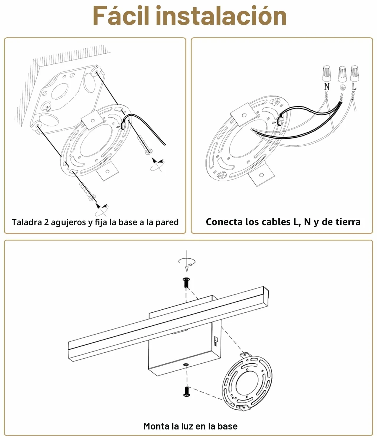 Lámpara de Espejo para Baño 40CM LED 3000-6000K Control de Color Aplique Acrílica Pared Moderna