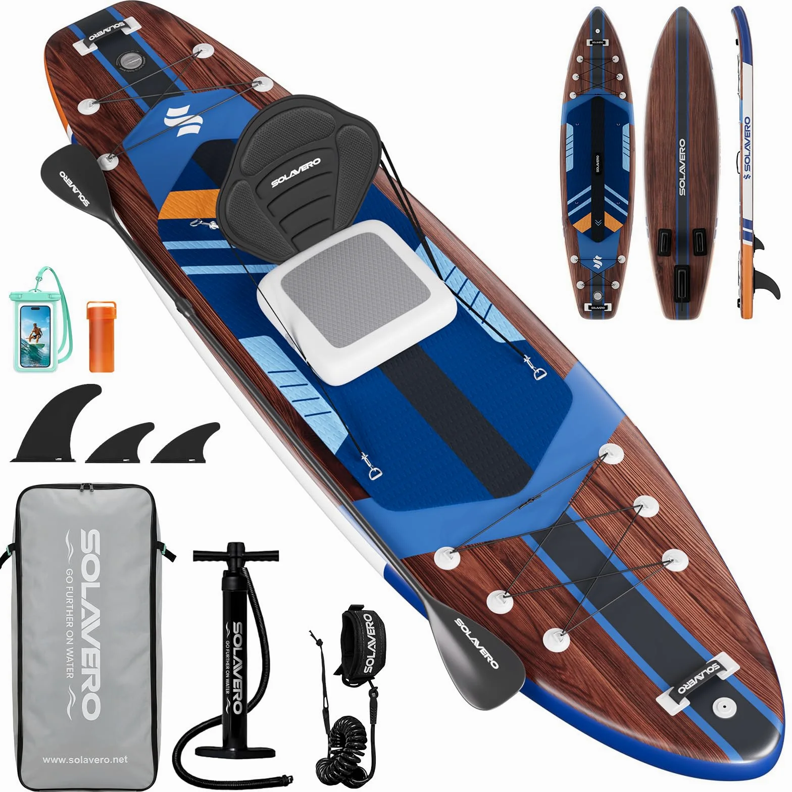 SOLAVERO Tabla Paddle Surf Hinchable 2 Personas 350 x 89 x 15 cm Sup Capacidad 210kg con Asiento Desmontable, Remo Ajustable, Bomba, Correa de Seguridad, Funda Impermeable y Mochila