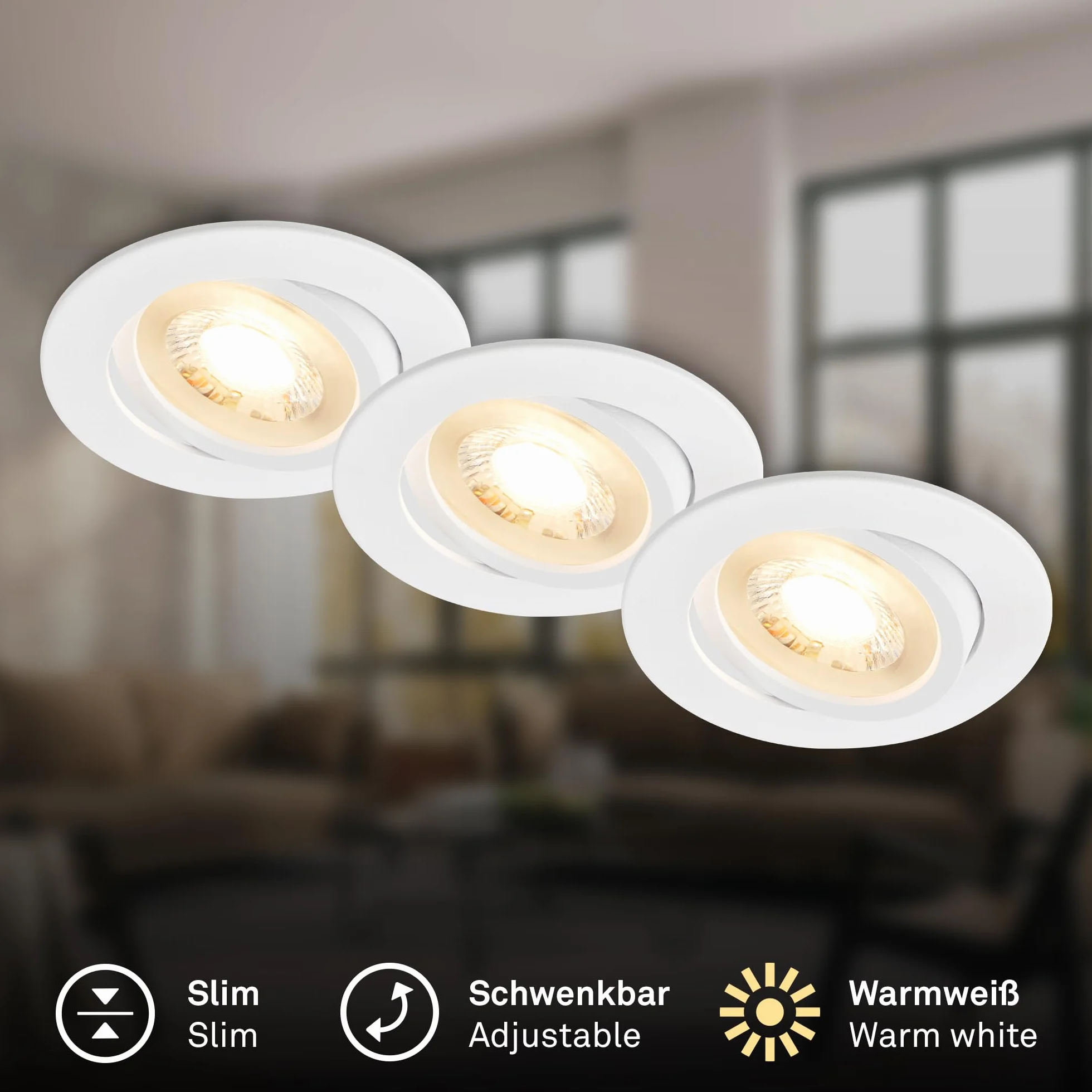 BRILONER Pack 3 Downlights LED techo empotrables planos 230V orientables luz blanca cálida 8x2,2 cm blanco