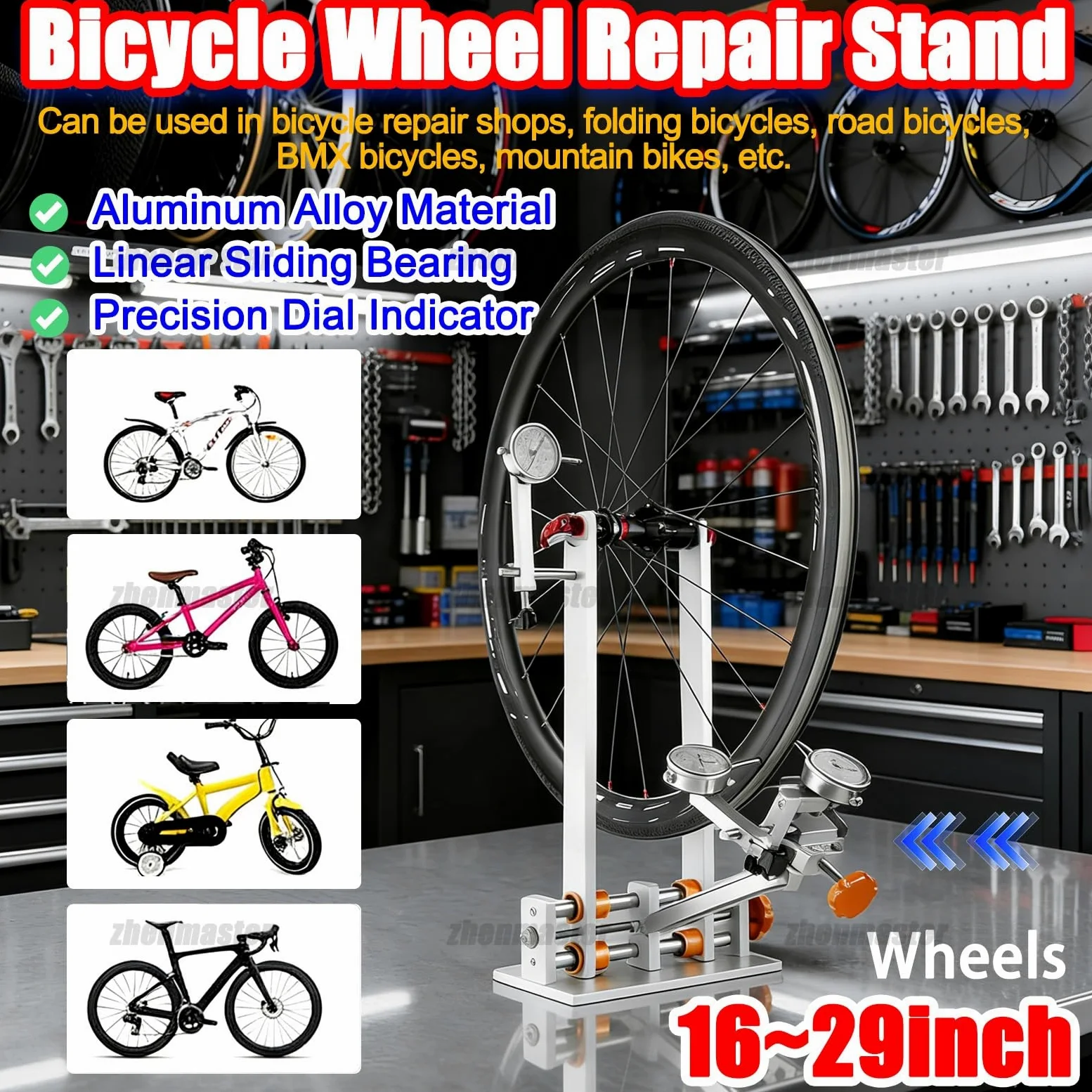 Soporte Profesional para Centrar Ruedas de Bicicleta, Herramienta de Alineación de Llanta de Aleación de Aluminio con 3 Medidores, Llave de Radios para Ruedas de 16 a 29 Pulgadas(Gold)