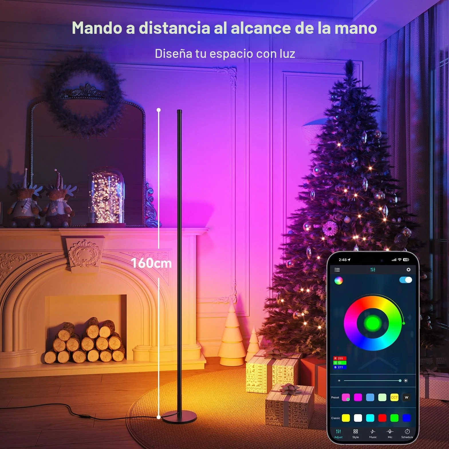 Lámpara de Pie LED Regulable RGB 160 cm Control por App y Mando a Distancia Sincronización de Música Temporizador