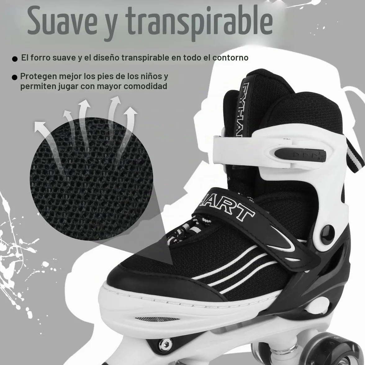 Patines Quad Ajustables 4 Tamaños Ruedas Luminosas Blanco Negro para Niñas Niños Principiantes