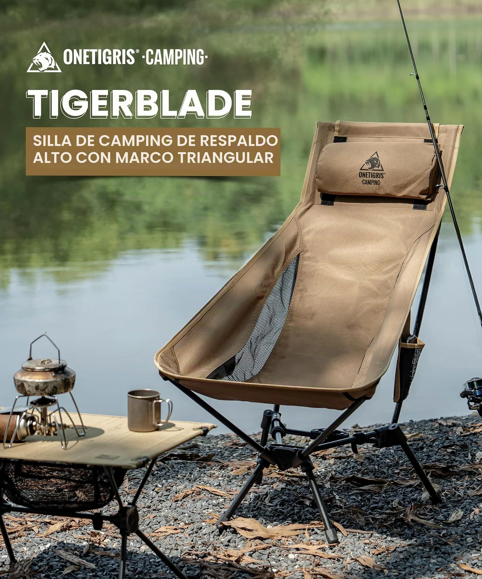 OneTigris TIGERBLADE Silla de Camping con Respaldo Alto, 170 kg, Ligera con Marco Triangular y 2 Bolsillos Laterales, Ultraligera