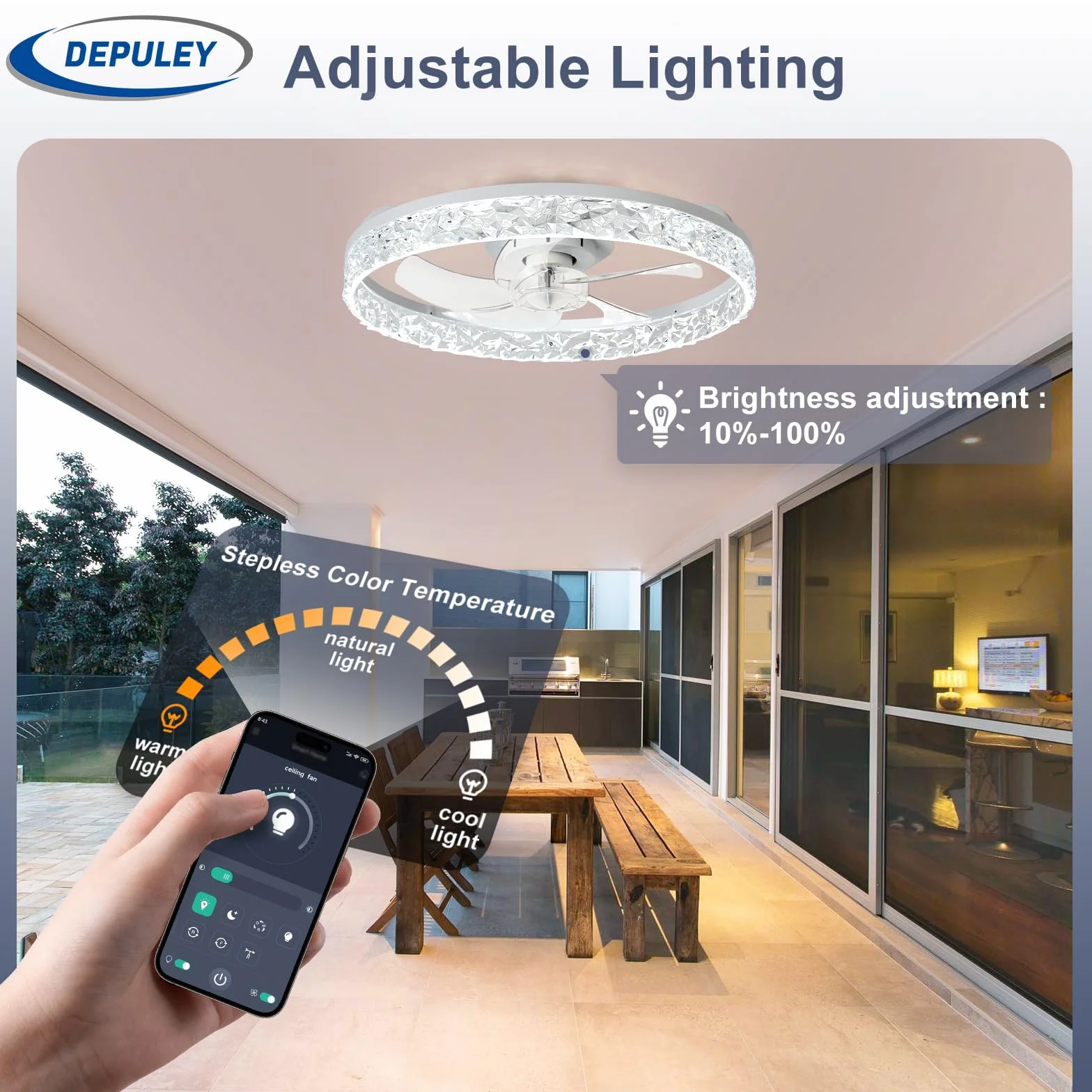 Depuley Ventilador de techo LED 20 pulgadas empotrado con luz regulable control por app blanco