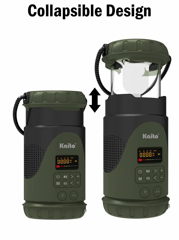 Kaito KL101 Linterna y linterna de emergencia para camping, manivela y energía solar, batería recargable de 5000 mAh, radio AM/FM/clima, impermeable, alarma SOS, carga USB