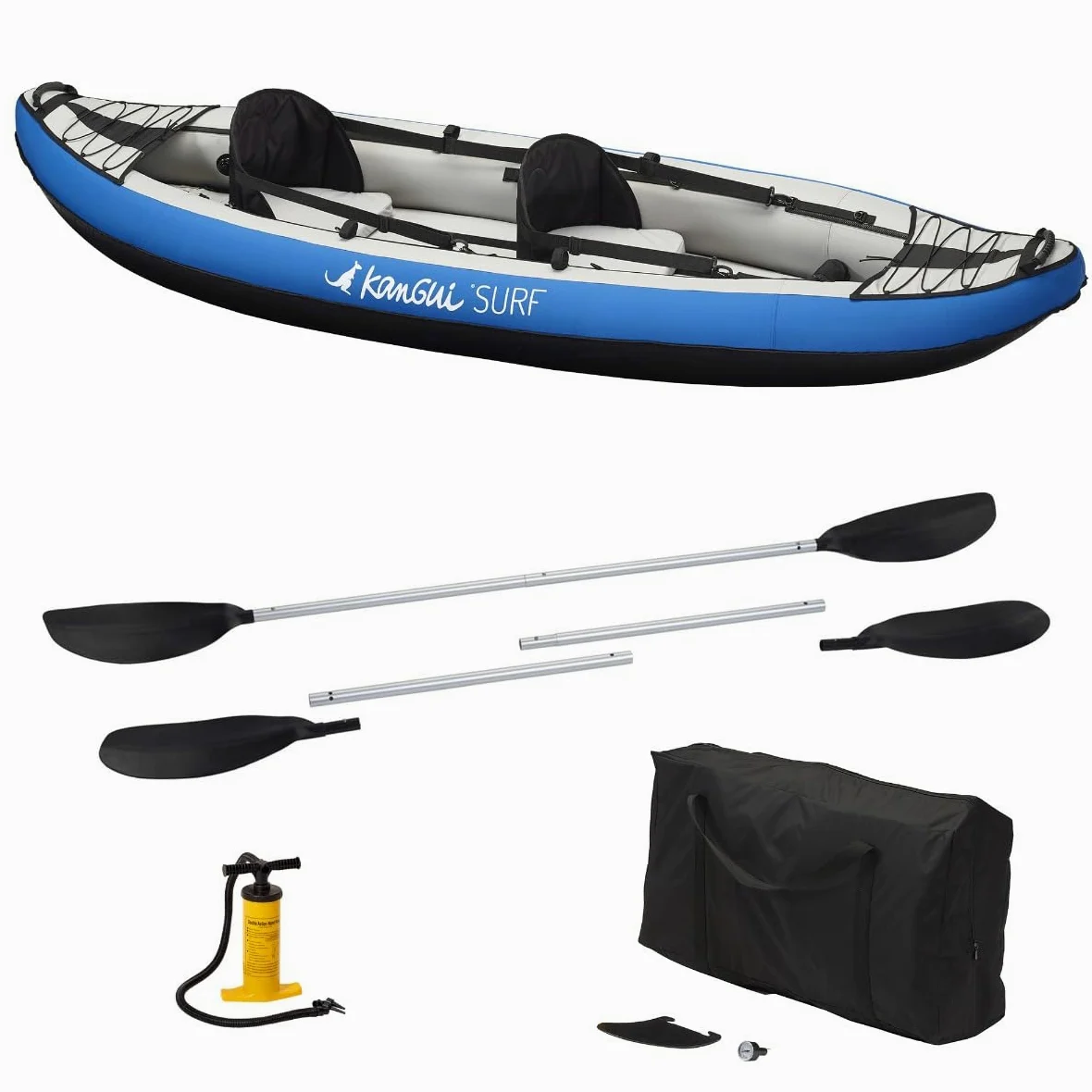 Kangui Canoa Kayak hinchable azul de 1 a 2 plazas, remo + bolsa de transporte + bomba de doble acción + kit de reparación