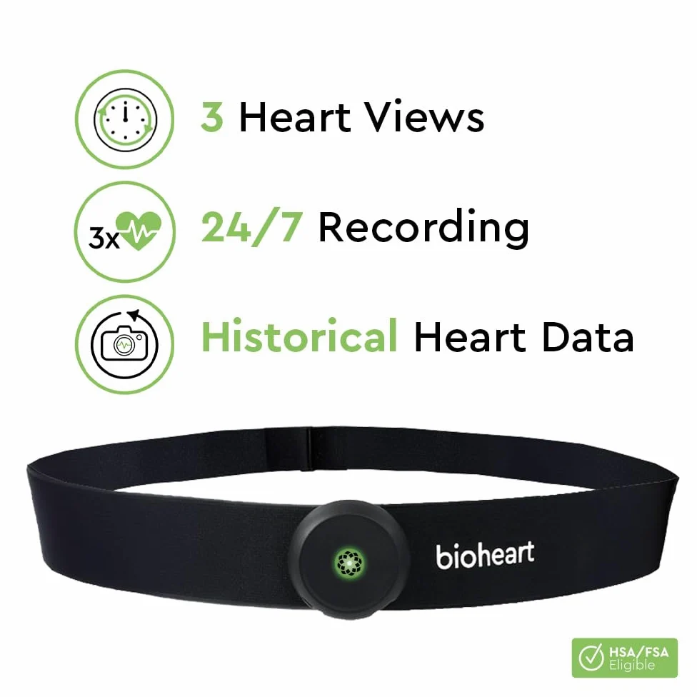 Monitor de frecuencia cardíaca Bluetooth Bioheart | Monitor de frecuencia cardíaca continua | Dispositivo móvil de frecuencia cardíaca con correa para el pecho | Suscripción de un año incluida