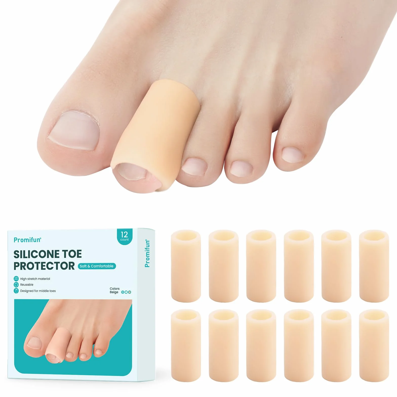 Promifun Protector de dedos de los pies - Paquete de 12 fundas de silicona para dedos en martillo, callos, durezas y ampollas