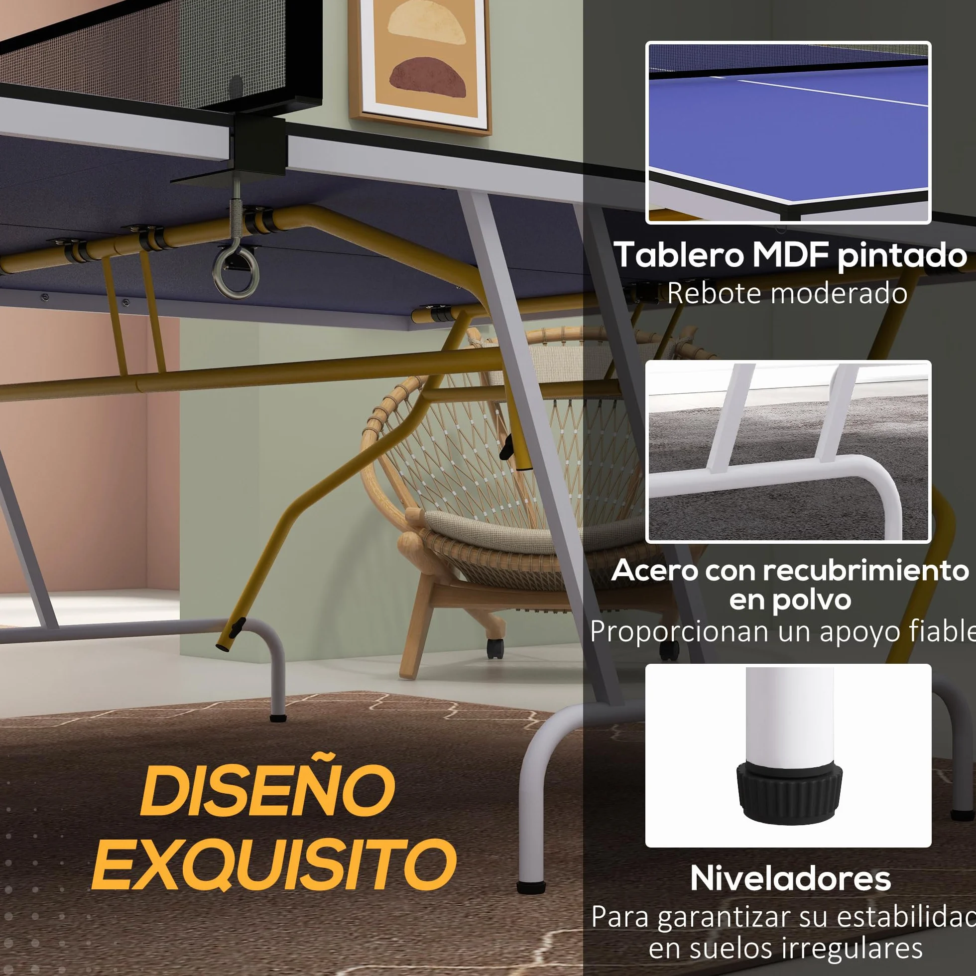 SPORTNOW Mesa de Ping-Pong Plegable con Red, Reposapiés Ajustables y Marco de Acero, 274x152,5x76 cm Azul