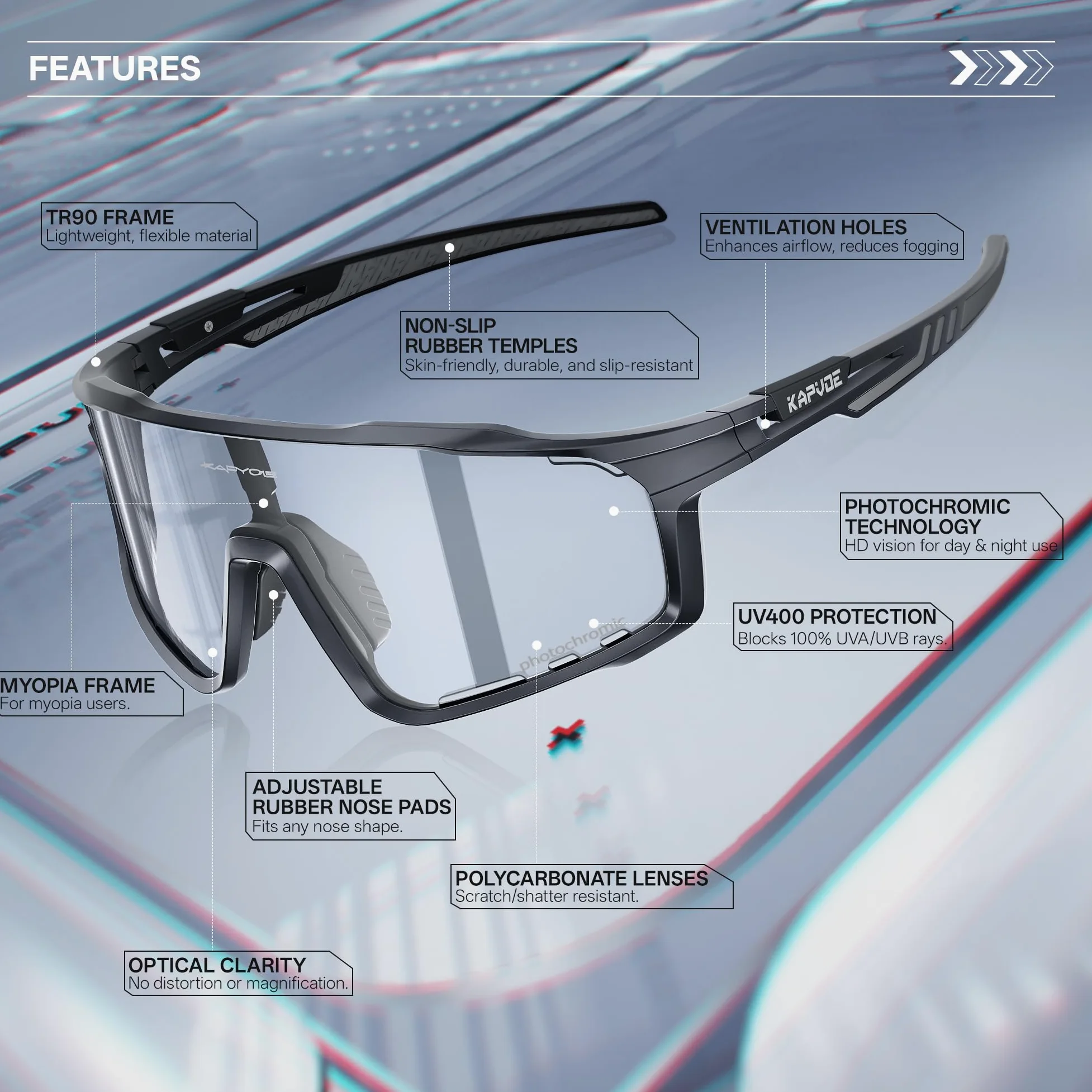 KAPVOE Gafas de Ciclismo Hombre Mujer K76 | Montura TR90, almohadilla nasal ajustable para ciclismo.