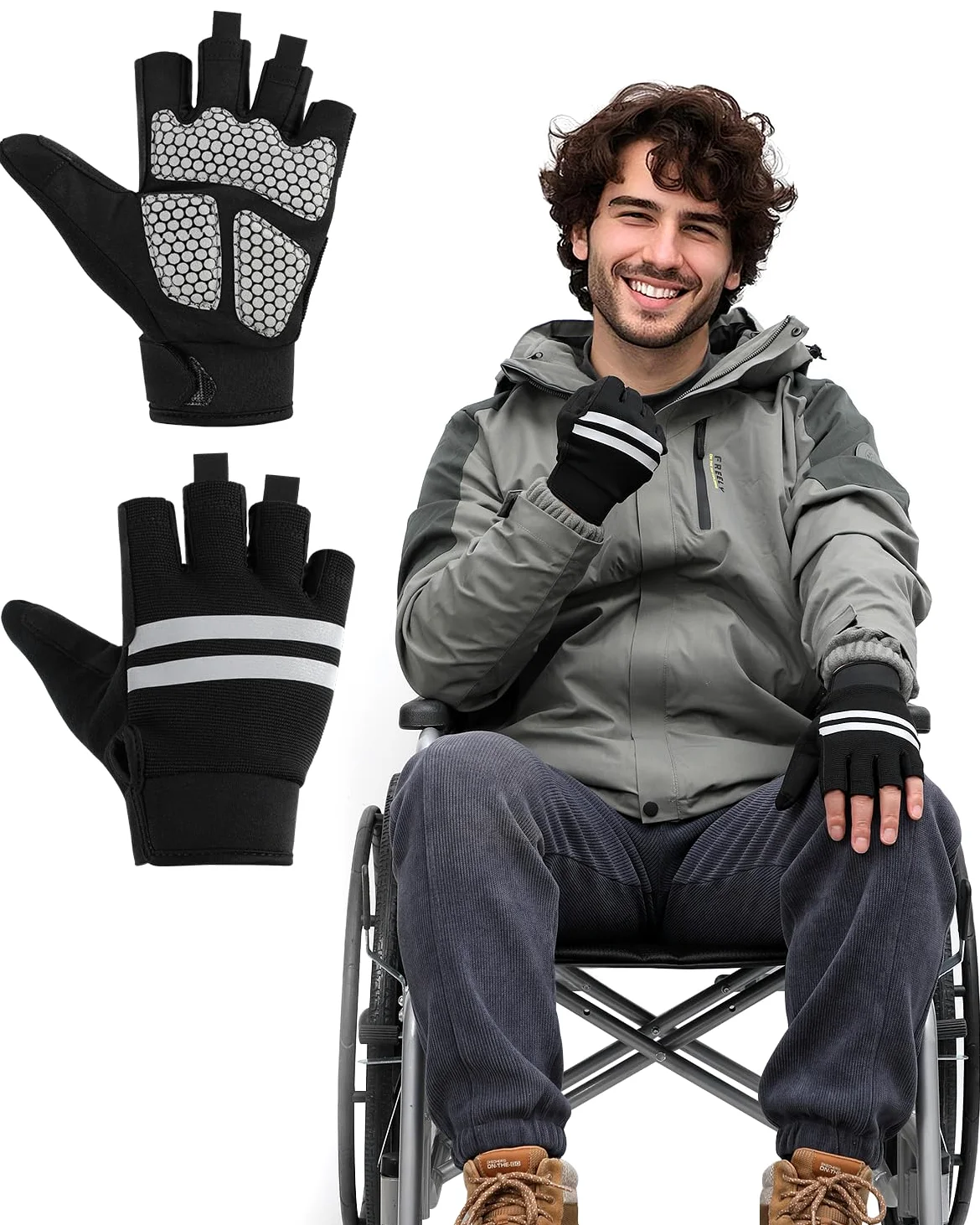 Guantes acolchados de gel de medio dedo para silla de ruedas (negro, L)