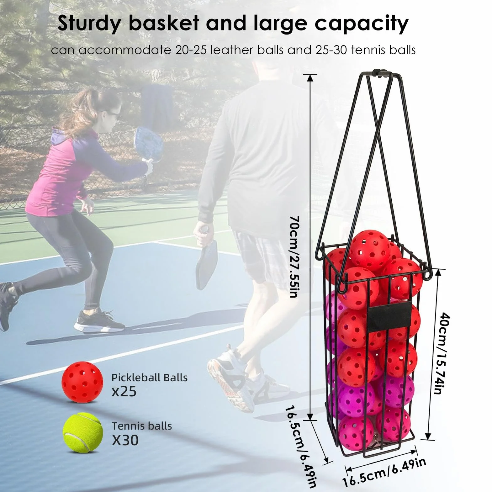 Cesta recogedora de pelotas de tenis de acero inoxidable con mango