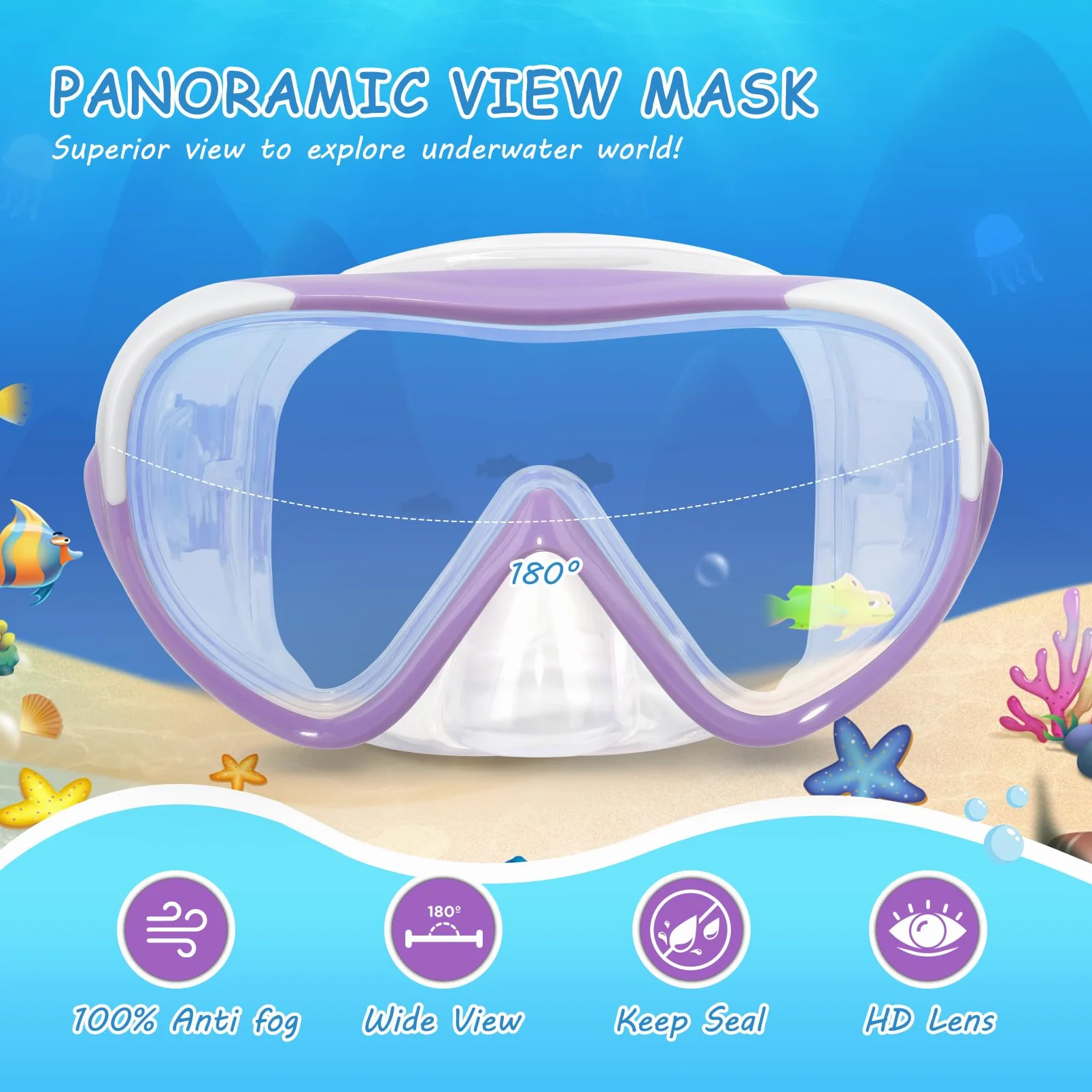 Máscara de natación para niños, gafas de natación de 180°, antivaho, a prueba de fugas, con cubierta para la nariz y correa de tela para niños de 4 a 14 años, para natación, esnórquel y buceo