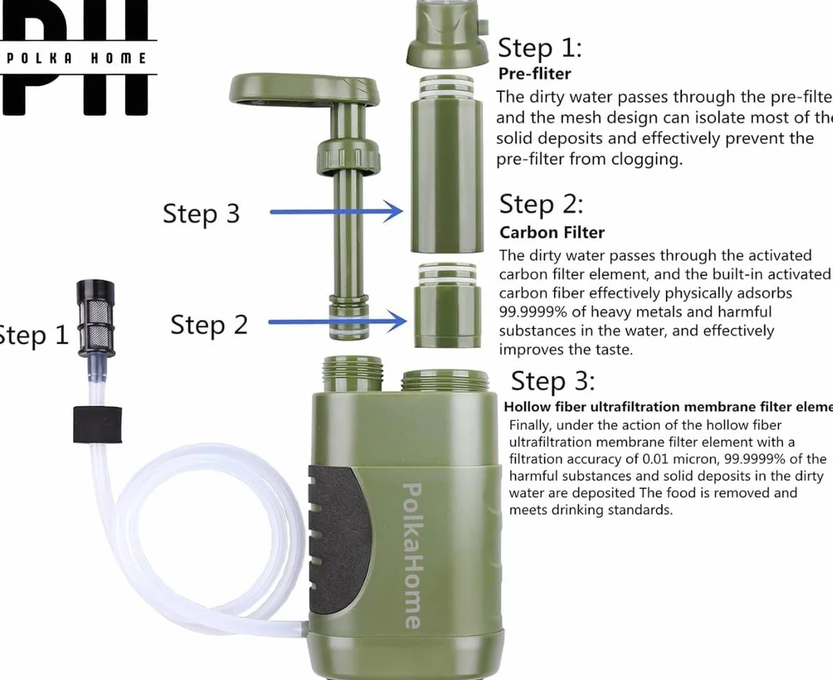 Filtro de agua de supervivencia – Filtro de agua portátil al aire libre para camping, senderismo y emergencias – Kit de supervivencia con filtro de repuesto