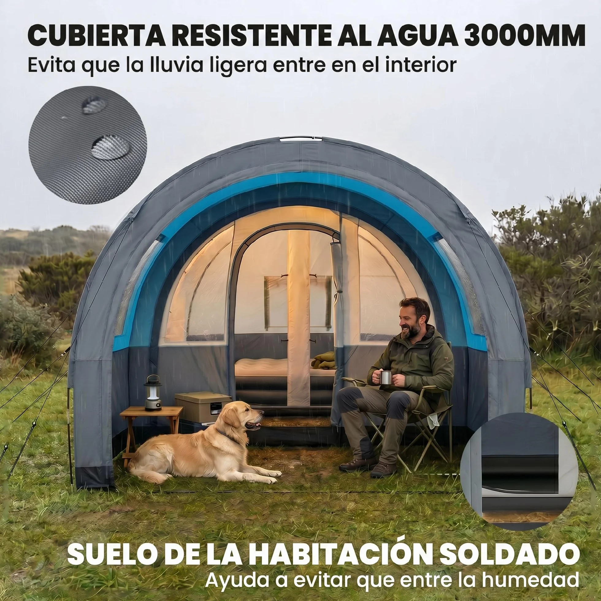 Outsunny Tienda de Campaña Familiar para 3 Personas Tienda de Camping Plegable Impermeable 3000 mm con 2 Habitaciones Puertas y Bolsa de Transporte para Senderismo 480x260x200 cm Gris
