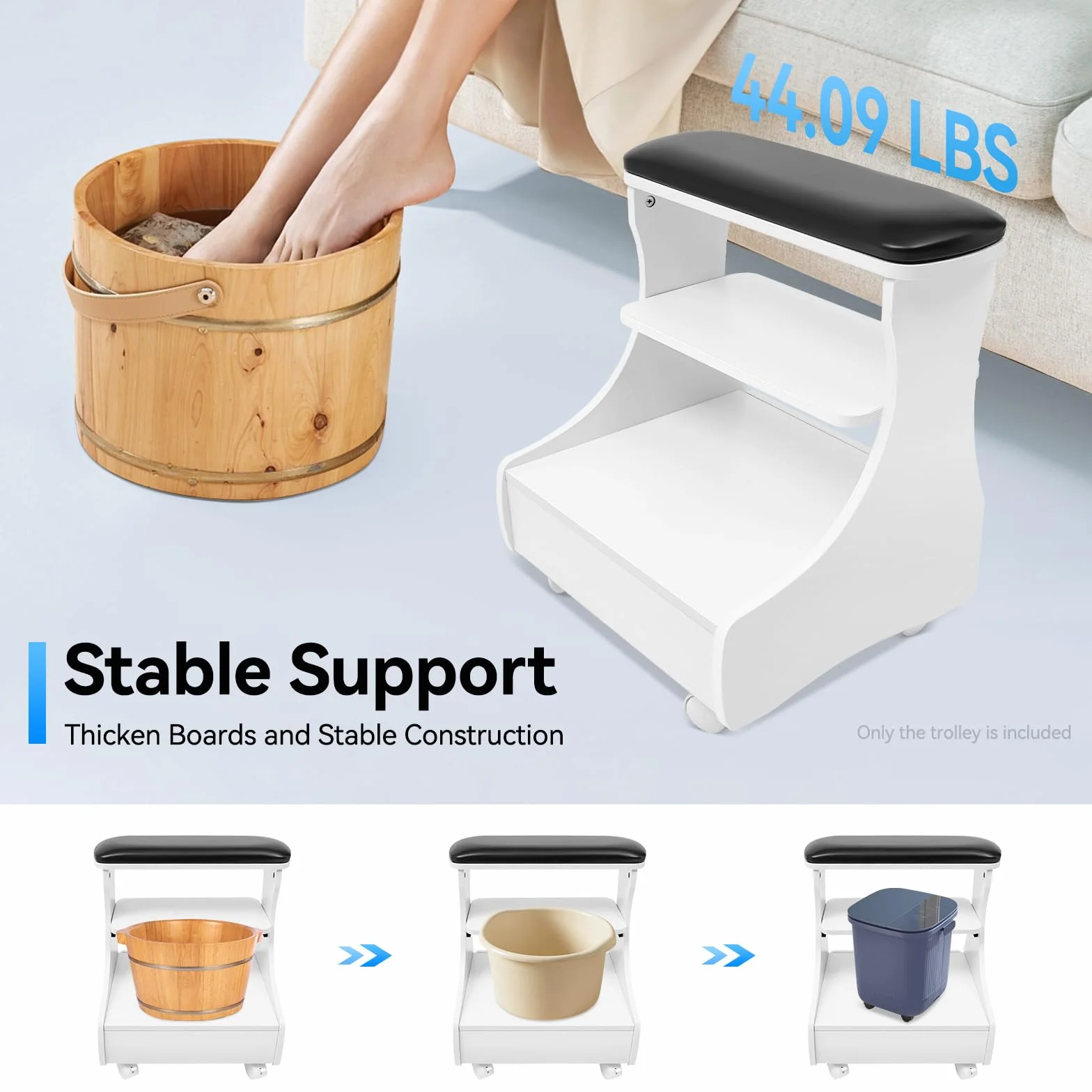 Taburete Pedicuro con Reposapiés, Mueble Rodante para Cuidado de los Pies, Bandeja y Almacenamiento, Negro