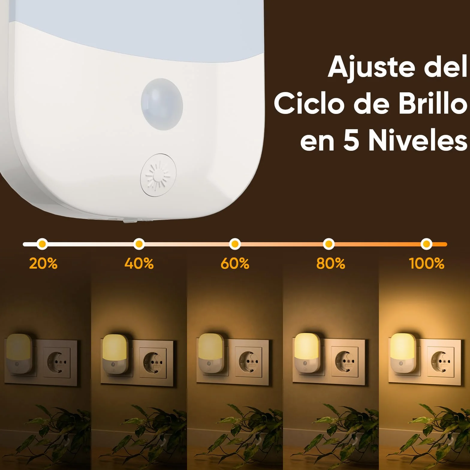 Suright Lámpara Nocturna Infantil 2 Piezas, Sensor de Luz Inteligente, 5 Brillos Regulables, 3 Modos, Blanca Cálida 0.3W