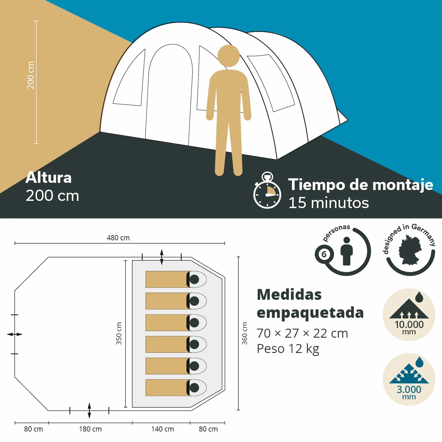 Skandika Kambo Tienda de campaña Familiar túnel para 6/8/12 Personas | Impermeable con 3000 de Columna de Agua, 2 m de Altura, 3 entradas, Techo Solar, toldo