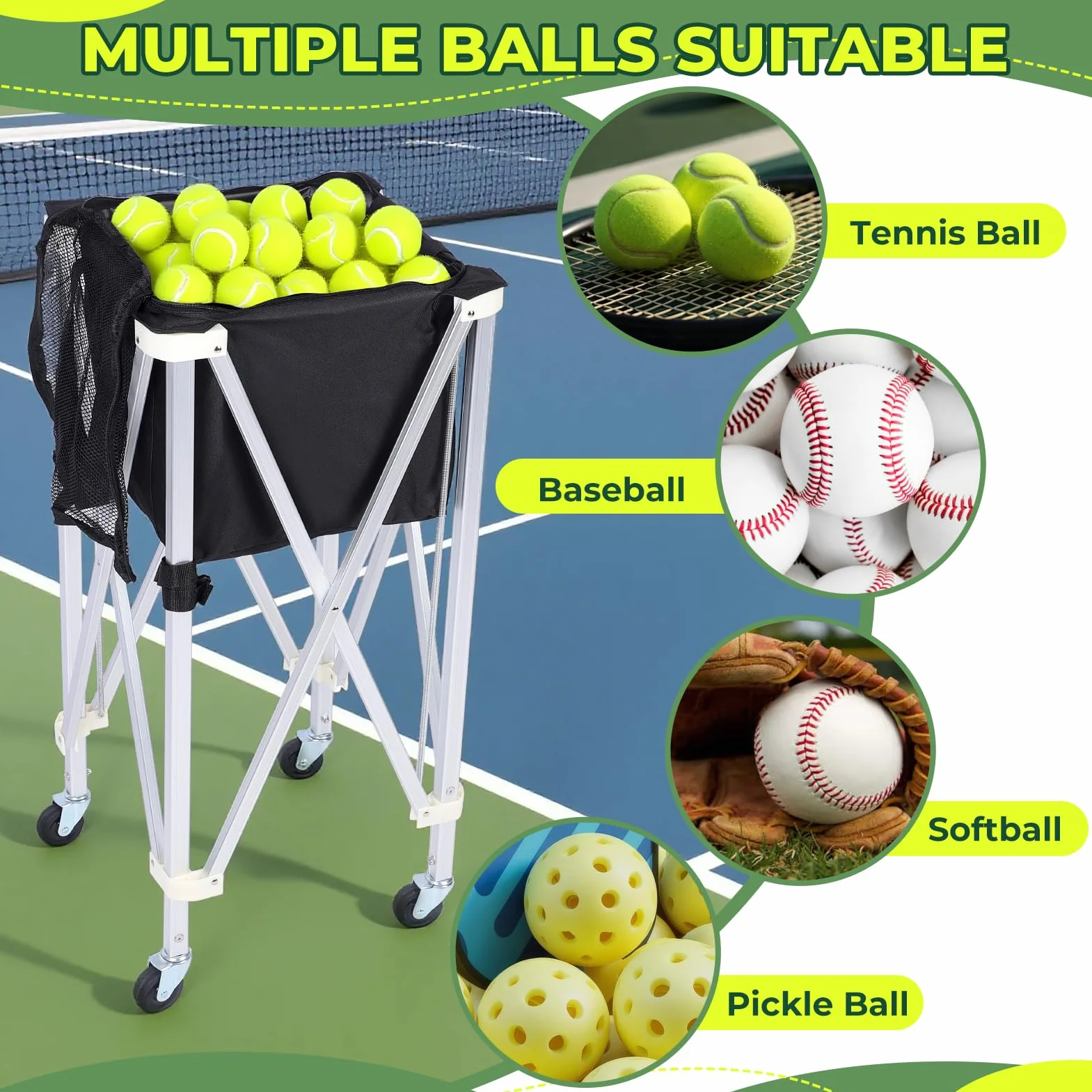 Pelotas de tenis portátiles Hopper, Carro de tenis con ruedas, plegable, gran capacidad, cesta de pelotas de tenis, 170 bolas para entrenamiento