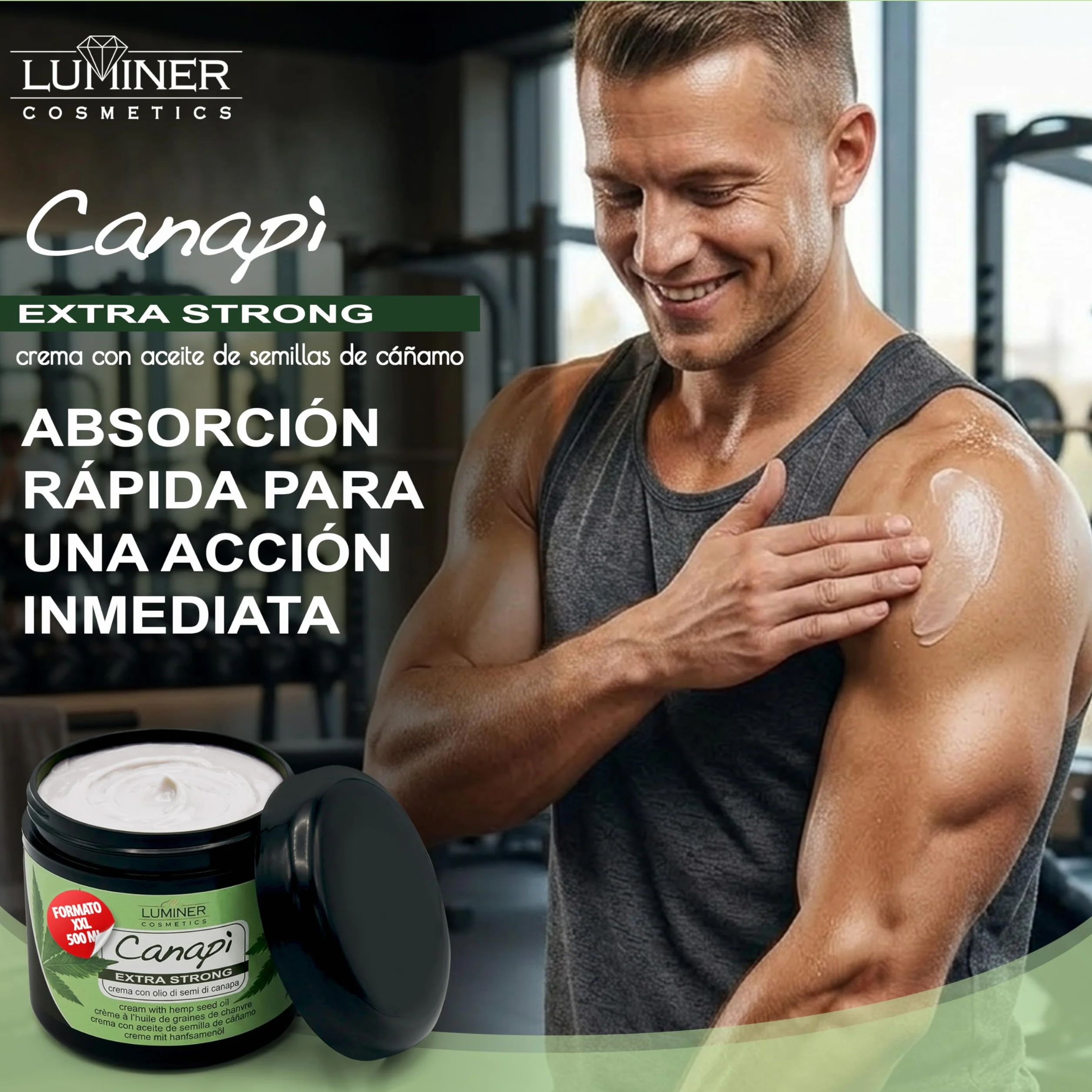 Luminer Crema de aceite de semillas de Cáñamo 500 ml Gel de masaje con árnica y harpagofito