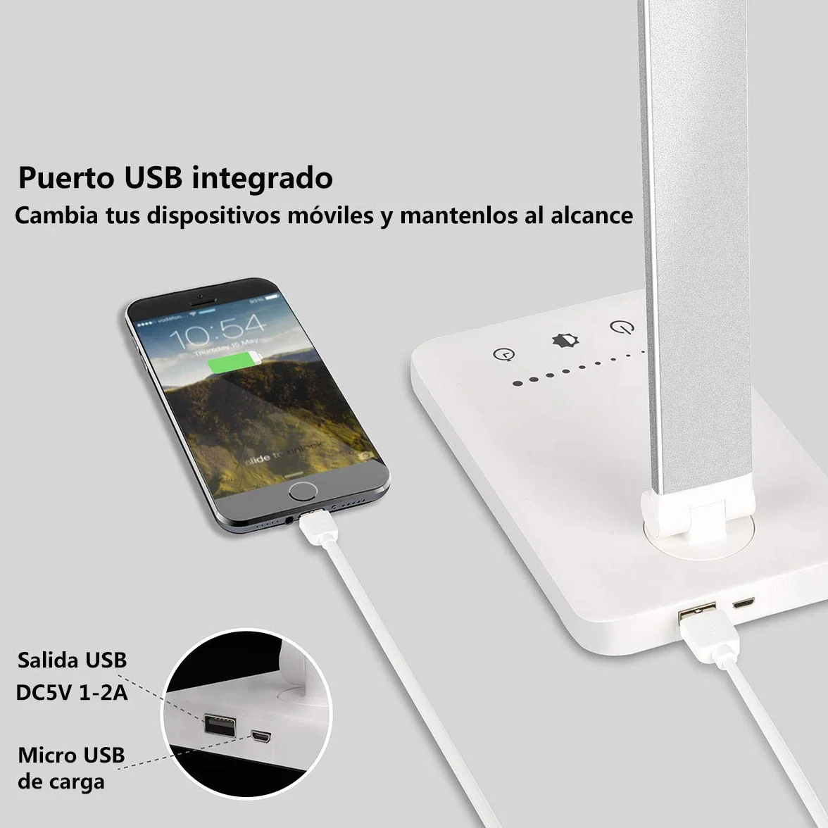 SLATOR Lámpara Escritorio LED Flexo Cuidado Ocular USB 5 Modos 10 Niveles Brillo Temporizador 30/60min Memoria