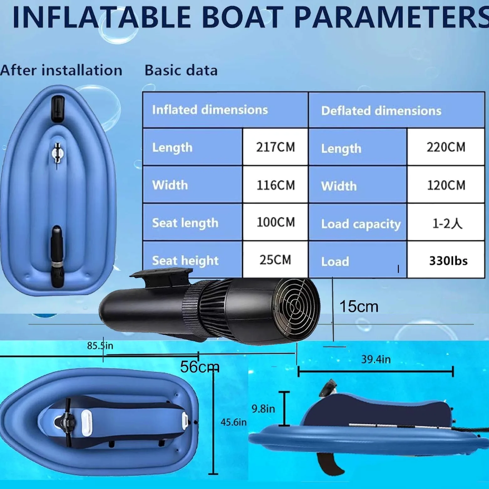 Flotador Inflable motorizado for Piscina, Moto acuática, Barco eléctrico Plegable con Scooter Submarino Desmontable de 500 W, Barco de PVC de Doble Aleta