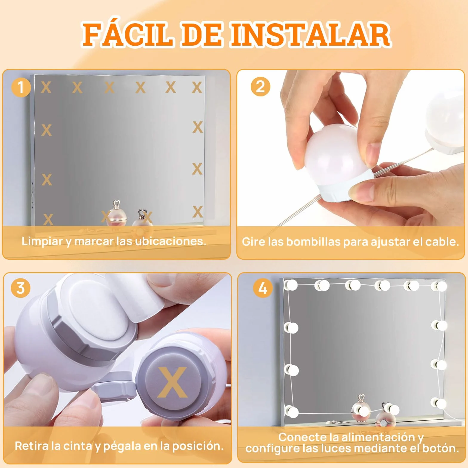 Lumière de Miroir LED Hollywood Dimmable Kit de 14 Ampoules avec Adaptateur USB Câble Réglable 3 Couleurs 10 Intensités