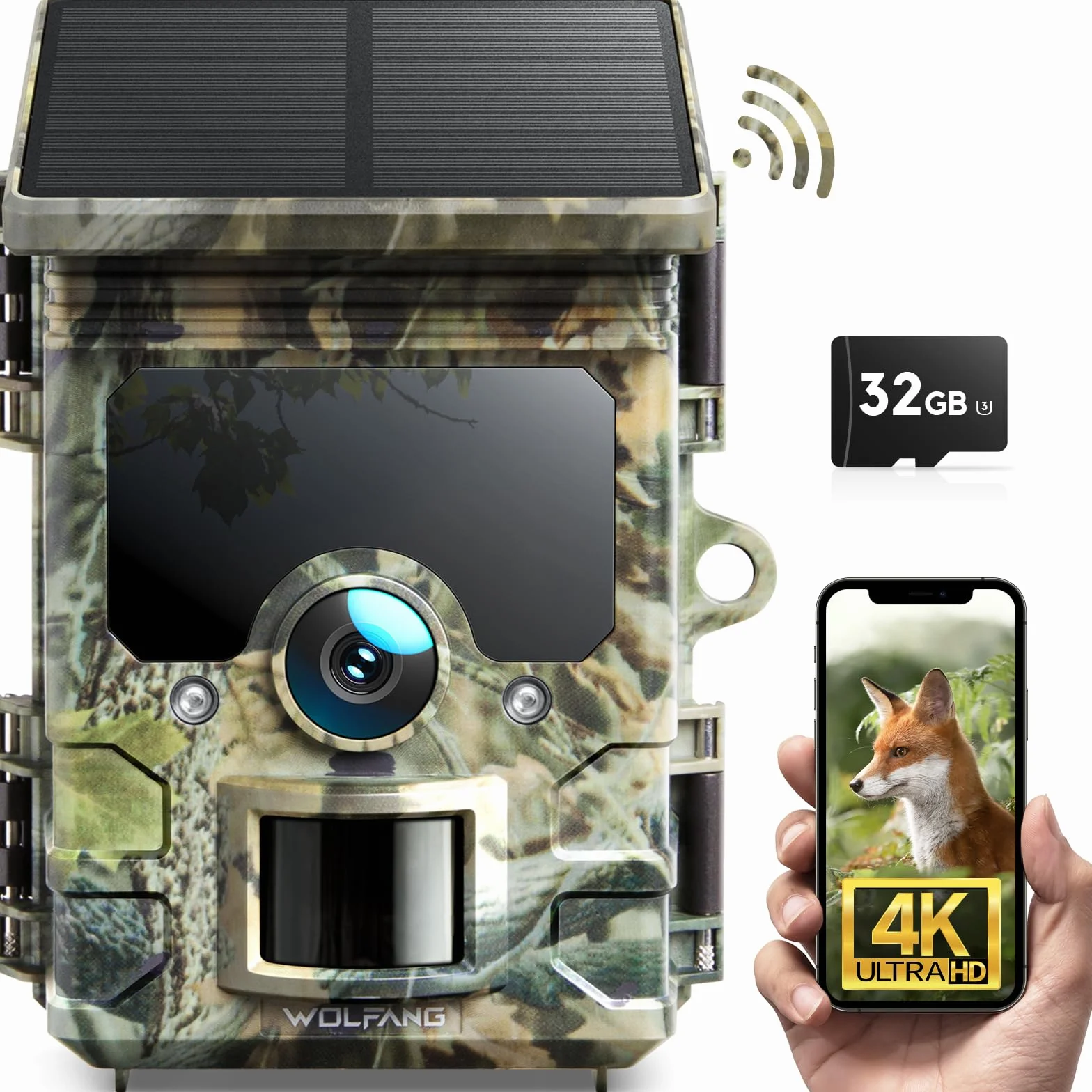 WOLFANG Cámara de Caza Solar 4K 30fps 46MP, WiFi Bluetooth Camara Fototrampeo con Visión Nocturna, Disparo de 0.1 s, IP66 Impermeable, Camara Caza para Monitoreo de Vida Silvestre con Tarjeta Micro SD