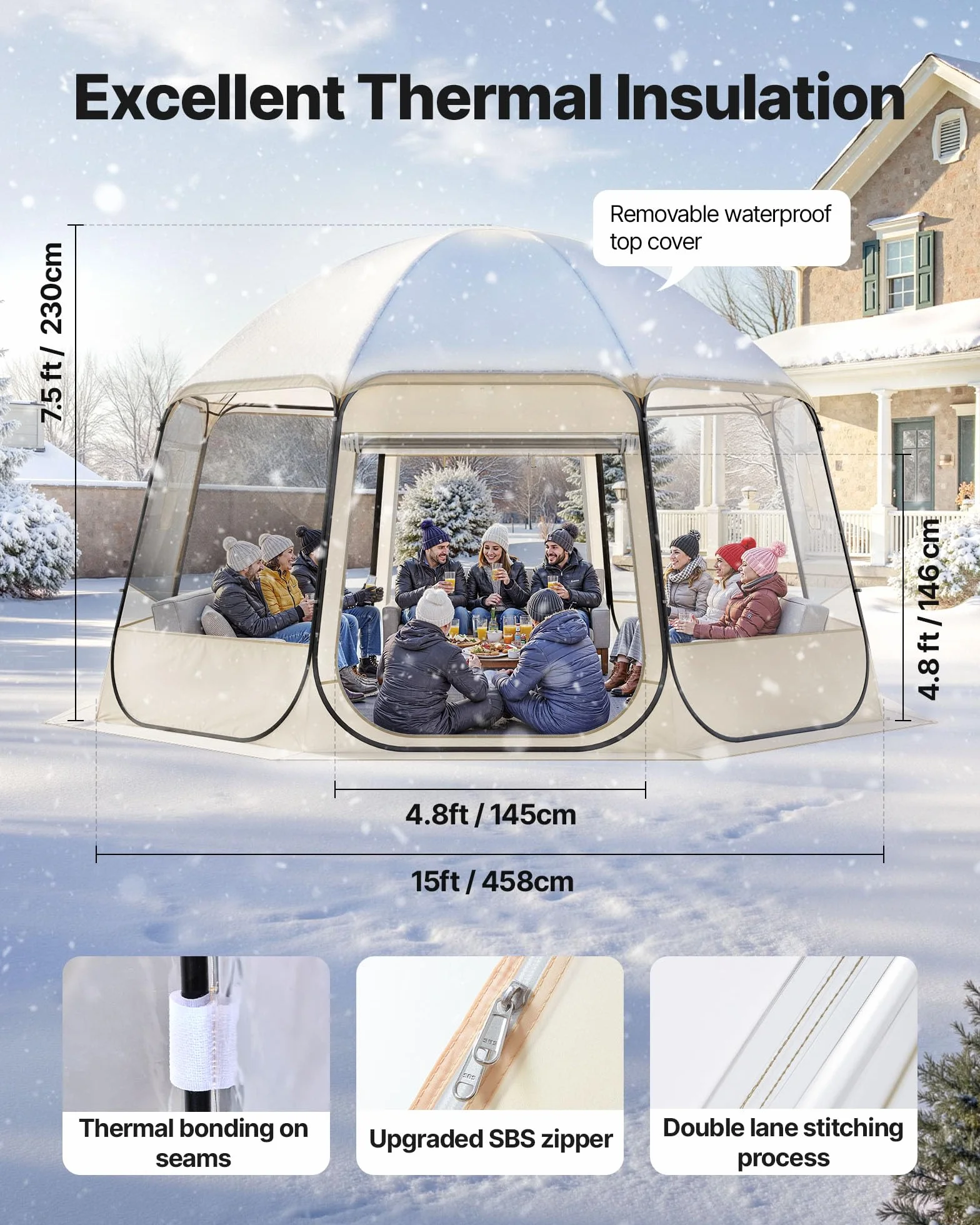 VEVOR Tienda de Campaña Plegable, 458 x 432 x 230 cm, Impermeable y Resistente a Los Rayos UV, Tienda Transparente con Ventanas y Vista Panorámica de 540° para 12-15 Personas para Patio y Jardín