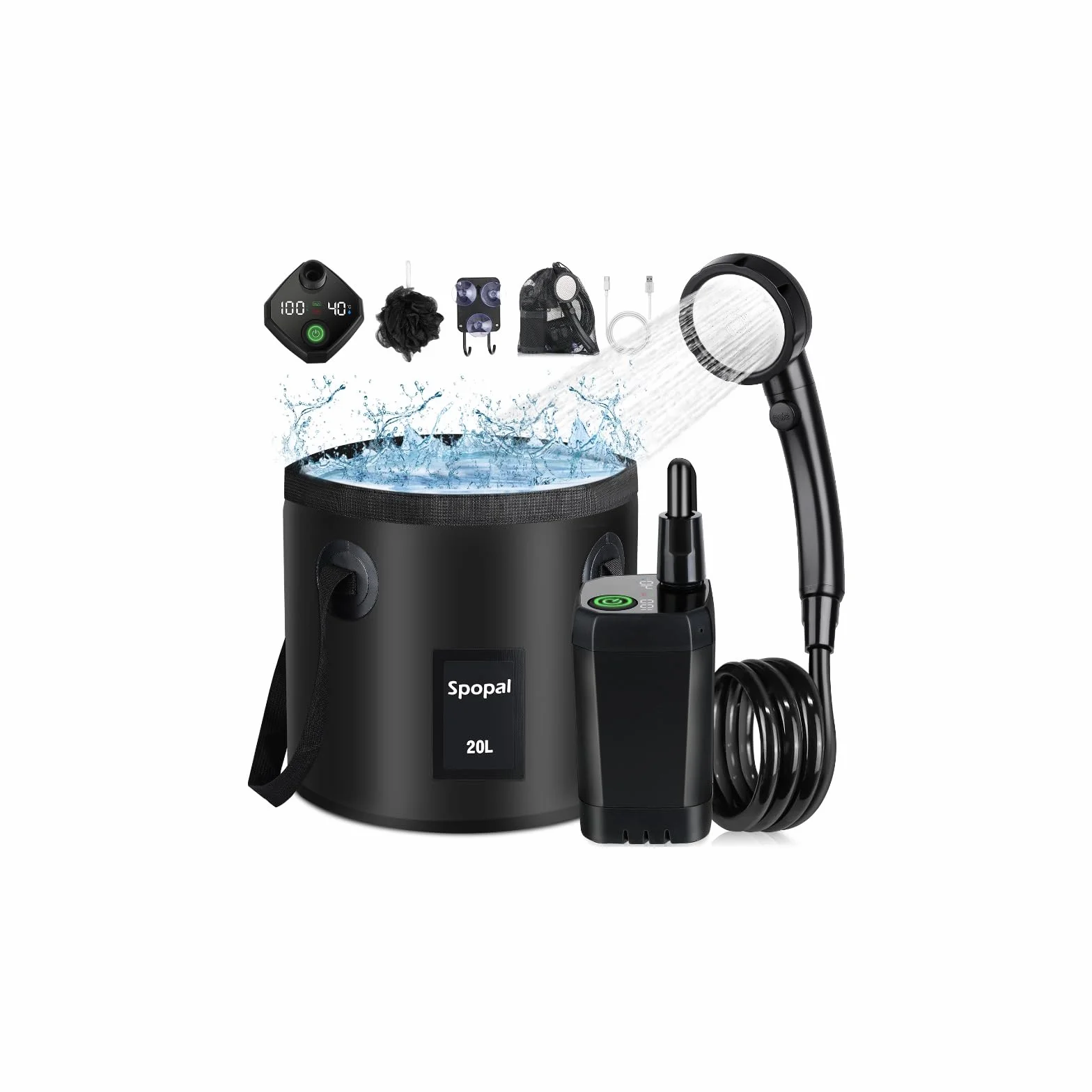 Ducha Portátil Camping 6000mAh Recargable con Cubo Plegable 20L, Eléctrica para Acampar