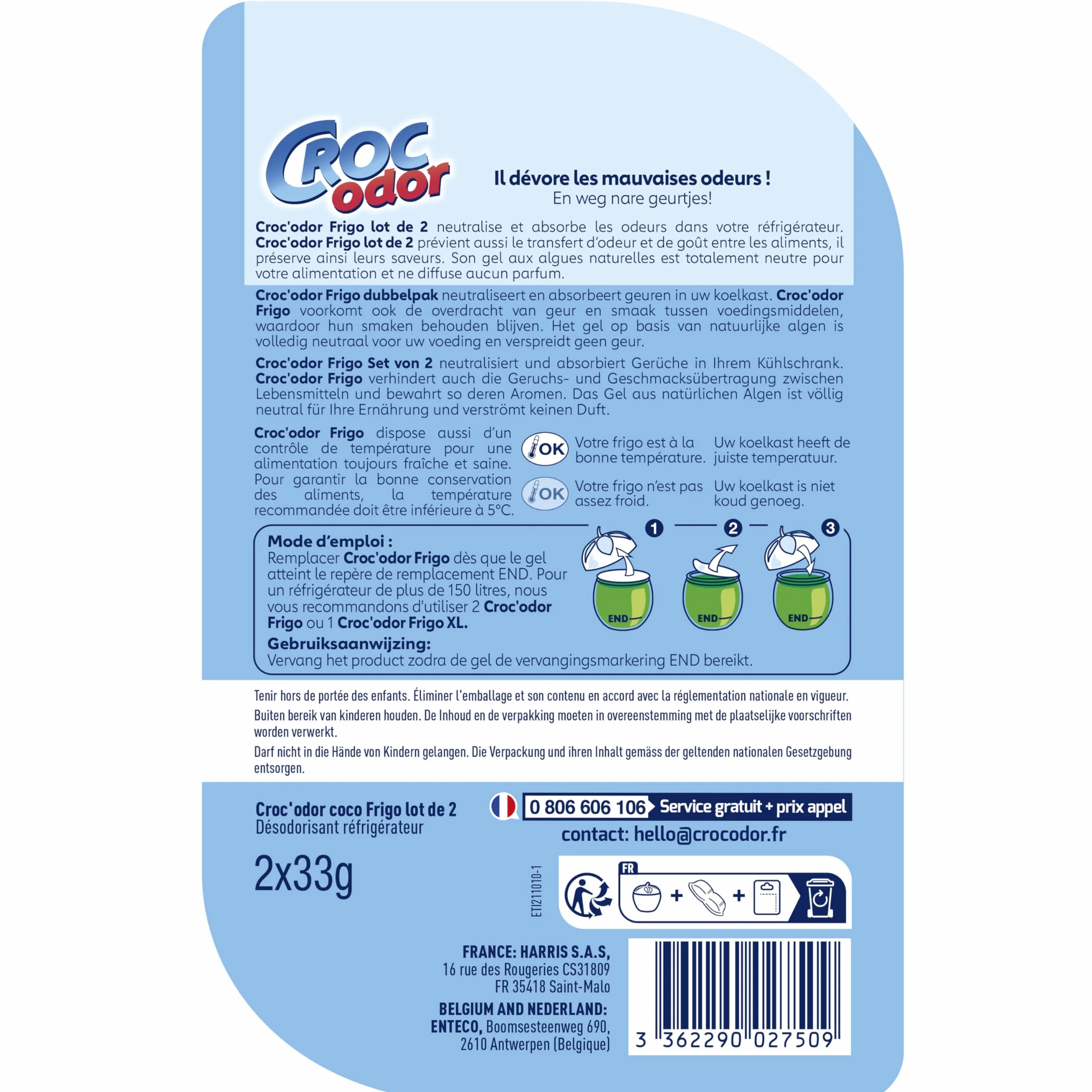 Ambientador para nevera Croc Odor 2 x 33 g con indicador de temperatura sin perfume seguro para alimentos