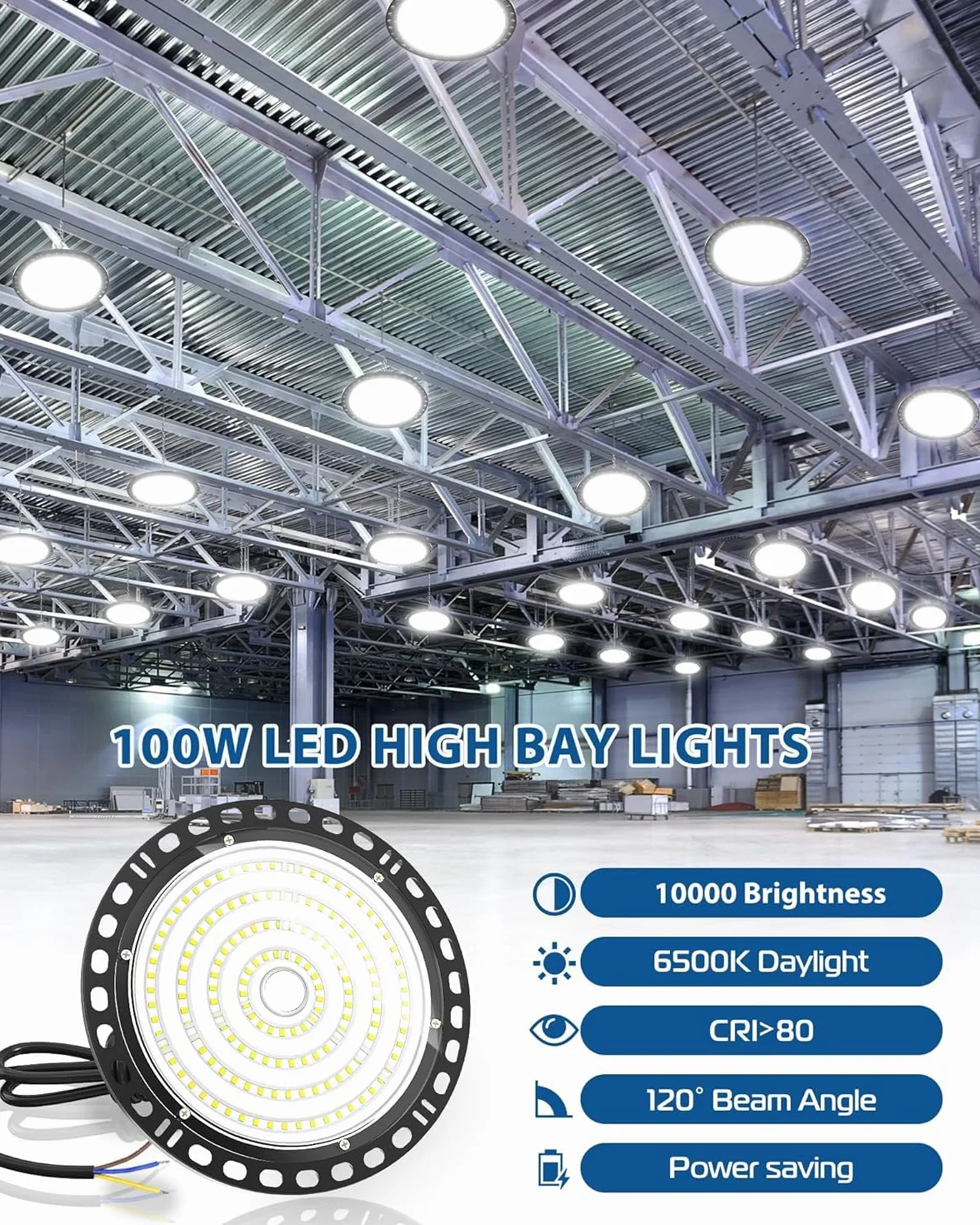UFO LED Lámpara de Alta Bahía 100W 10000LM 6500K Blanco Frío IP65 Impermeable