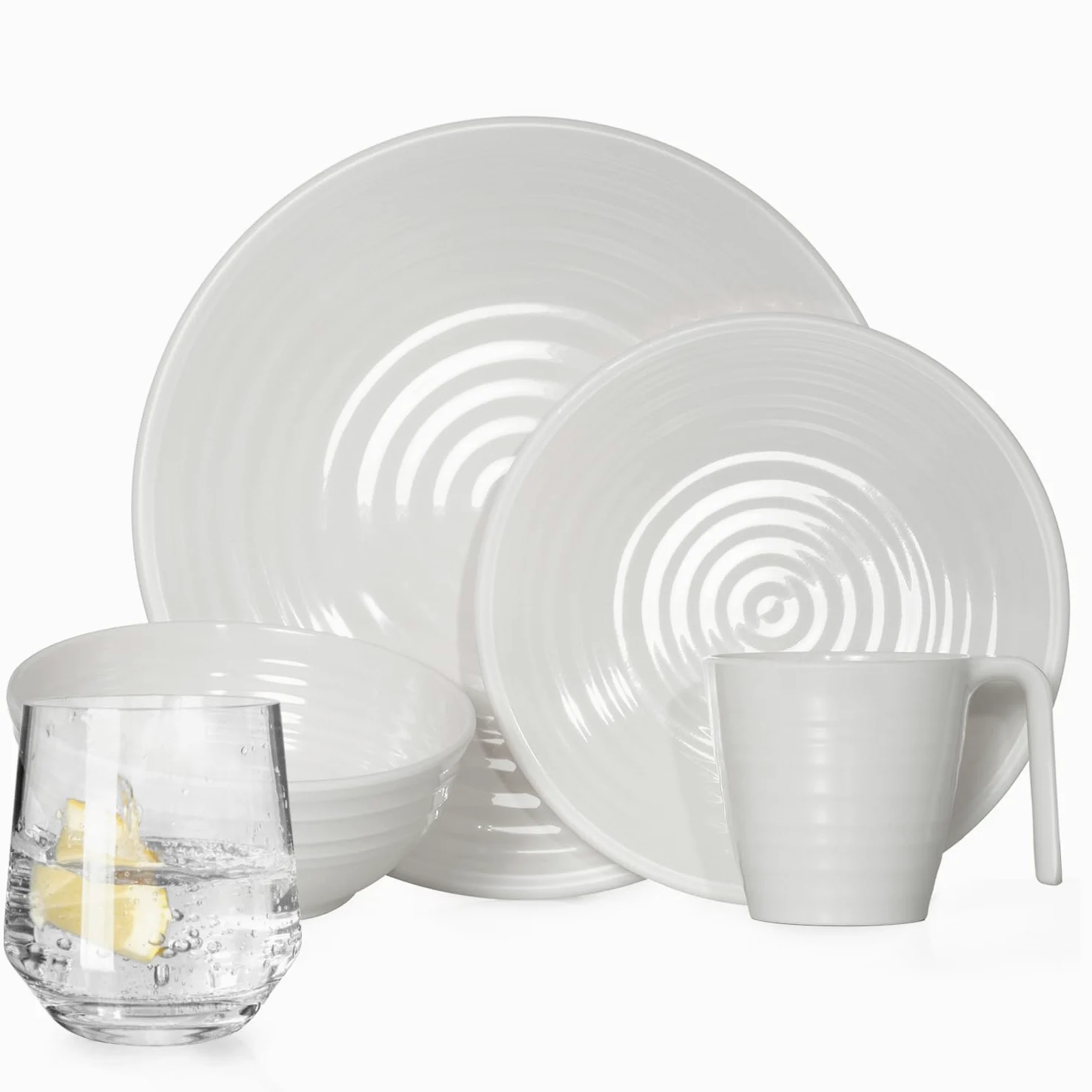 Vajilla de melamina para camping, 4 personas, diseño crema, 16 piezas + 4 vasos Milano de vasos de agua, vajilla de pícnic, barbacoa